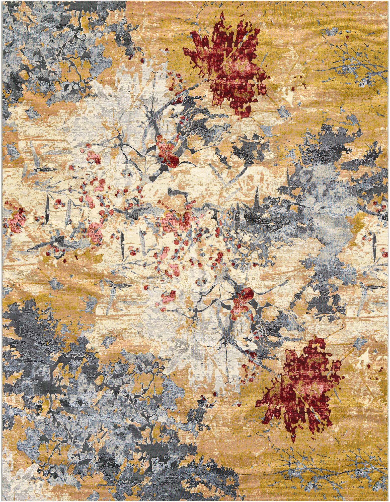 A multi-colored 8x10 rectangular rug featuring an abstract floral pattern in gold, cream, grey, and deep red, suitable for indoor or outdoor use.