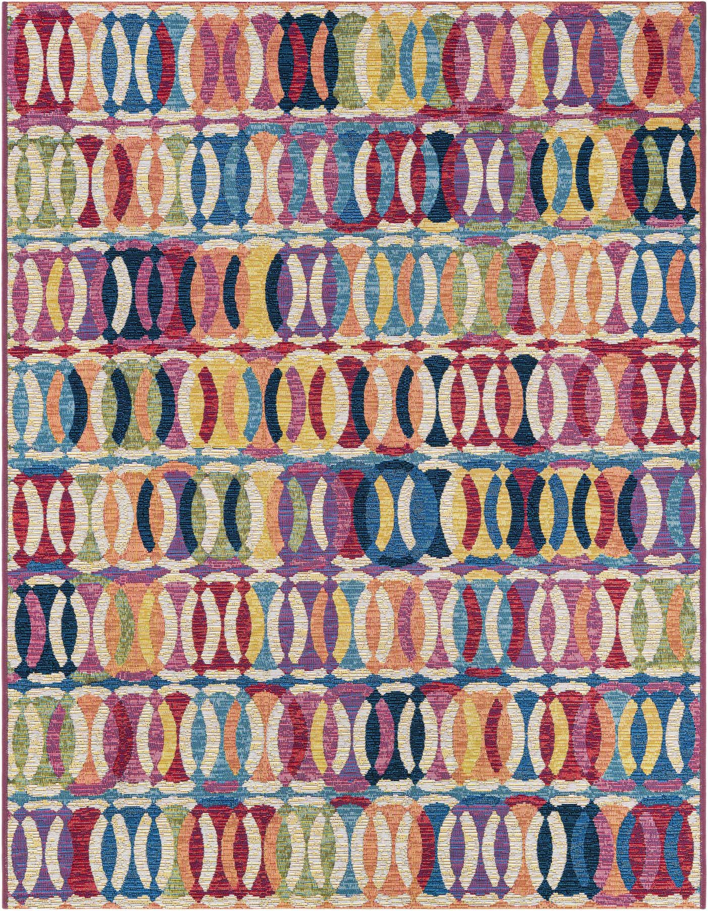 A vibrant 4x6 multi-colored rectangular rug featuring a modern abstract pattern of interlocking circles, ideal for indoor or outdoor spaces.
