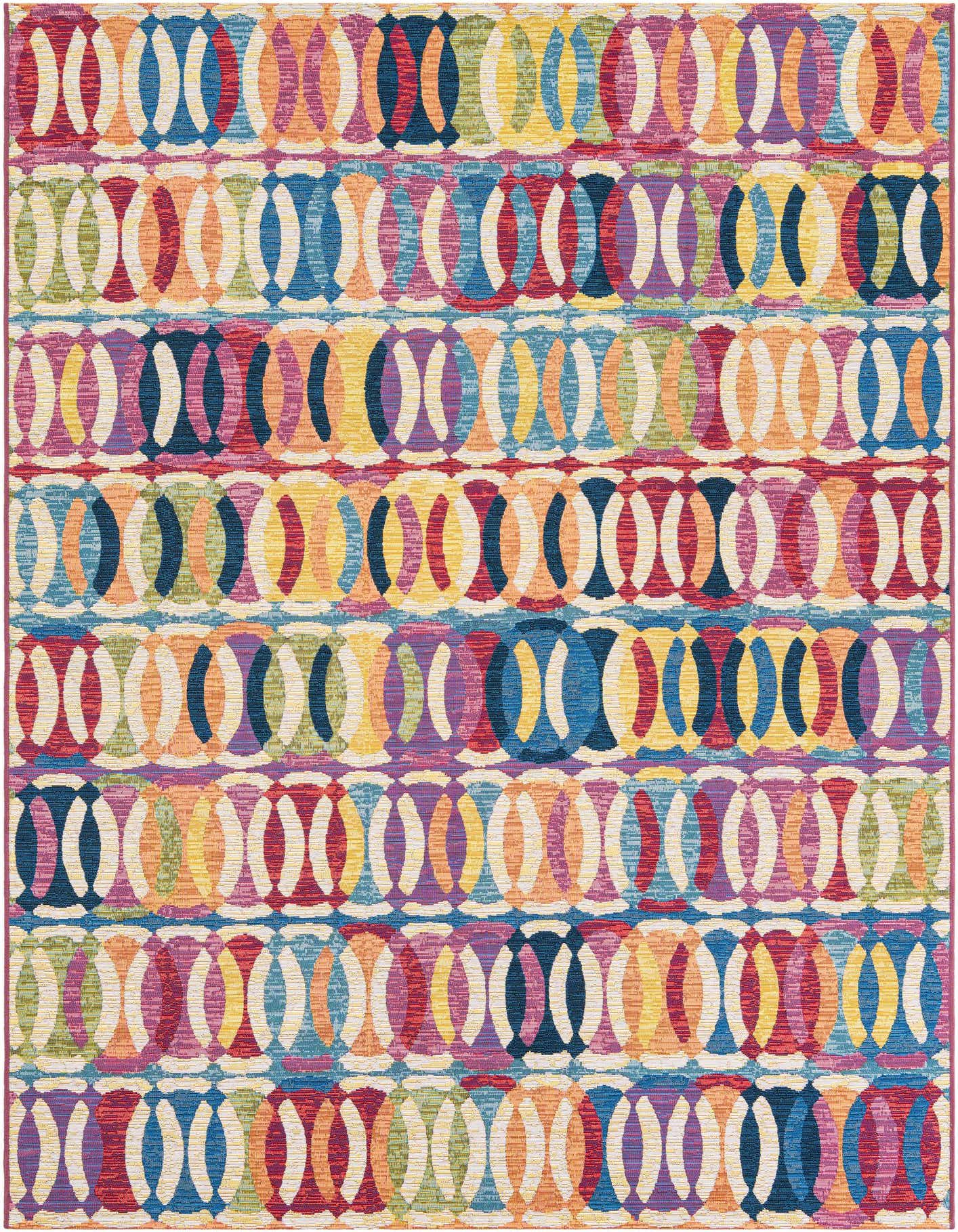 A 6x9 multi-colored modern area rug with an abstract interlocking circle pattern, suitable for indoor or outdoor use.