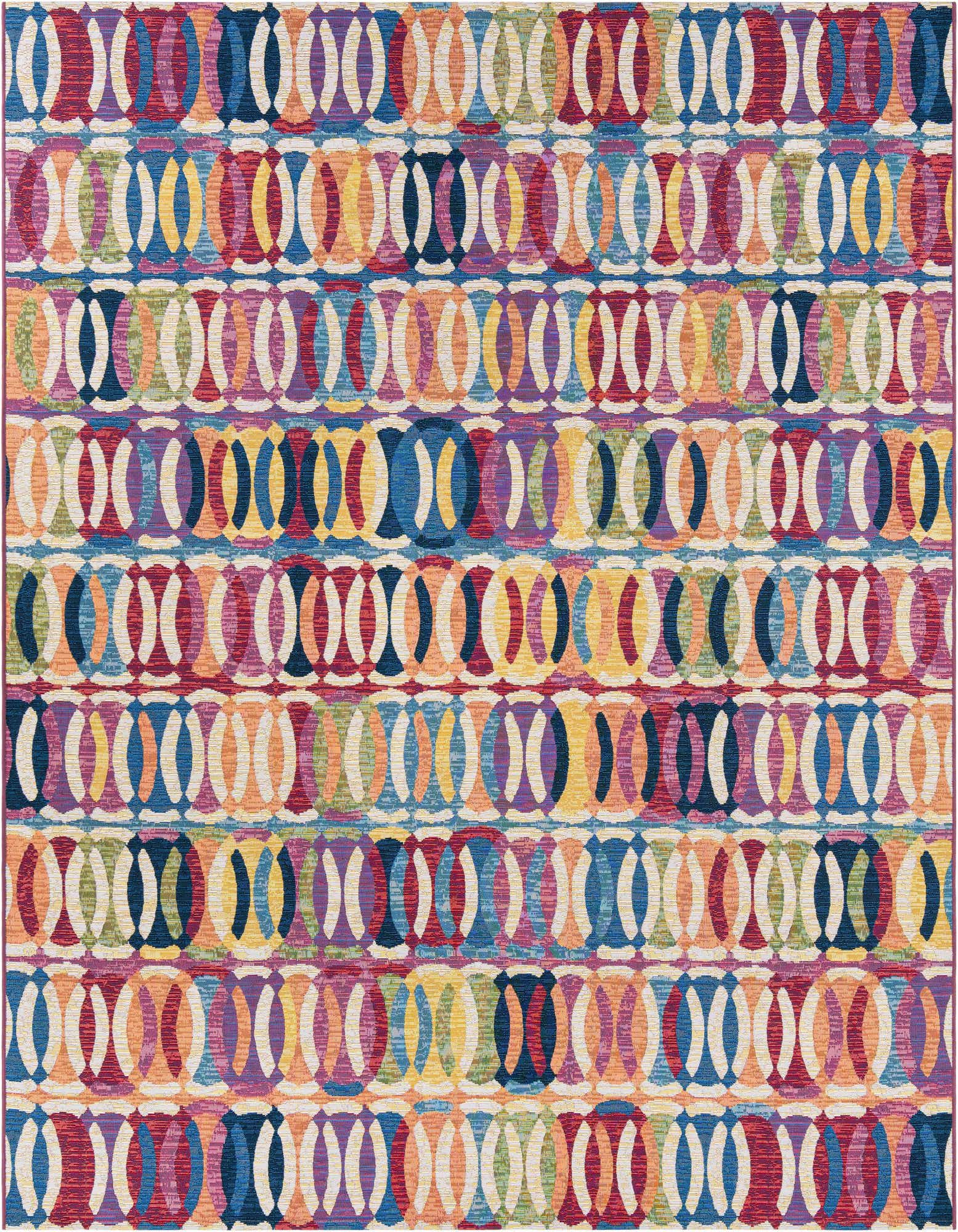 A vibrant 8x10 multi-colored rectangular rug with a modern abstract pattern of interlocking circles, ideal for indoor or outdoor spaces.