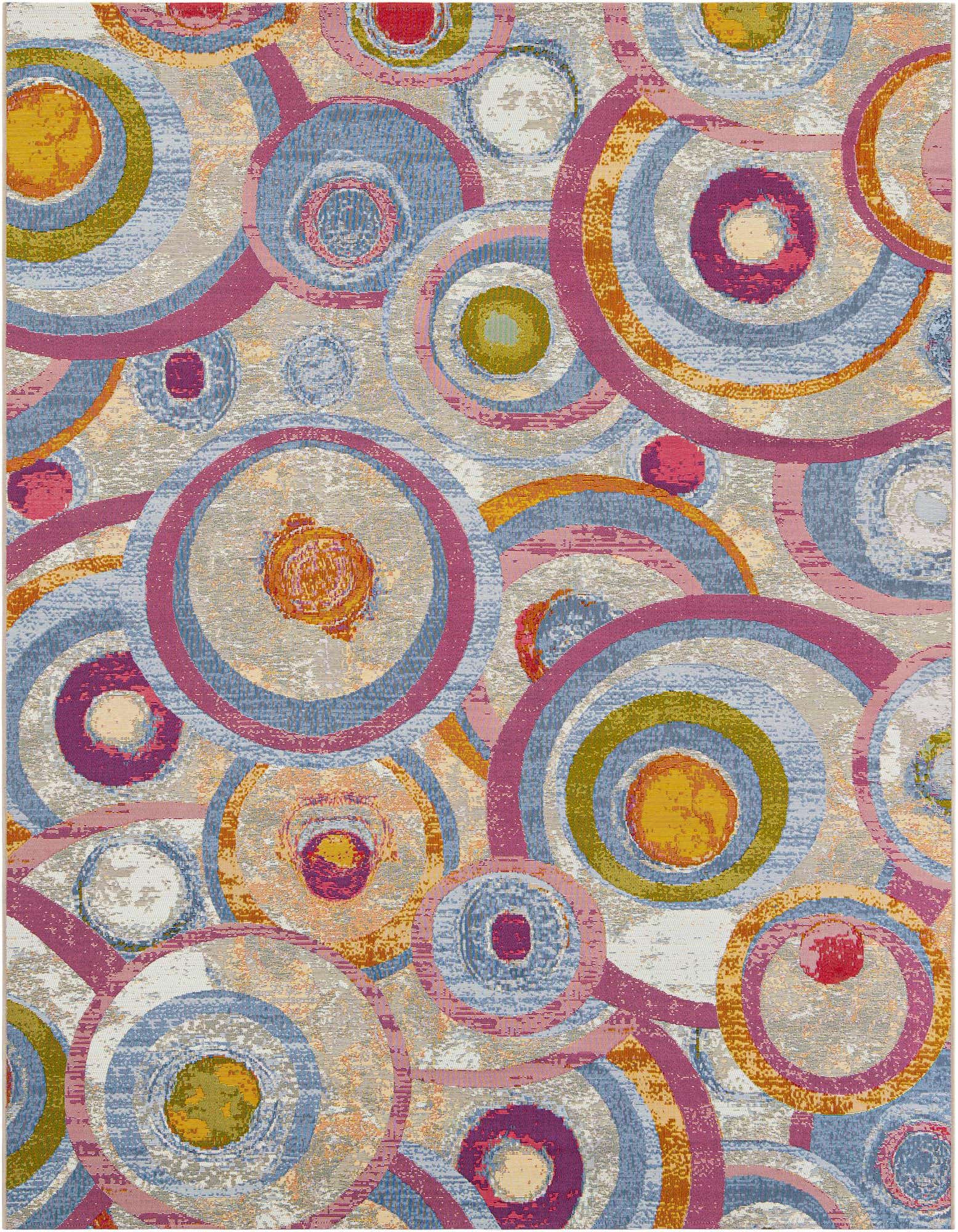 A vibrant 8x10 multi-colored rectangular rug featuring an abstract pattern of overlapping circles in various sizes and hues, suitable for indoor or outdoor spaces.
