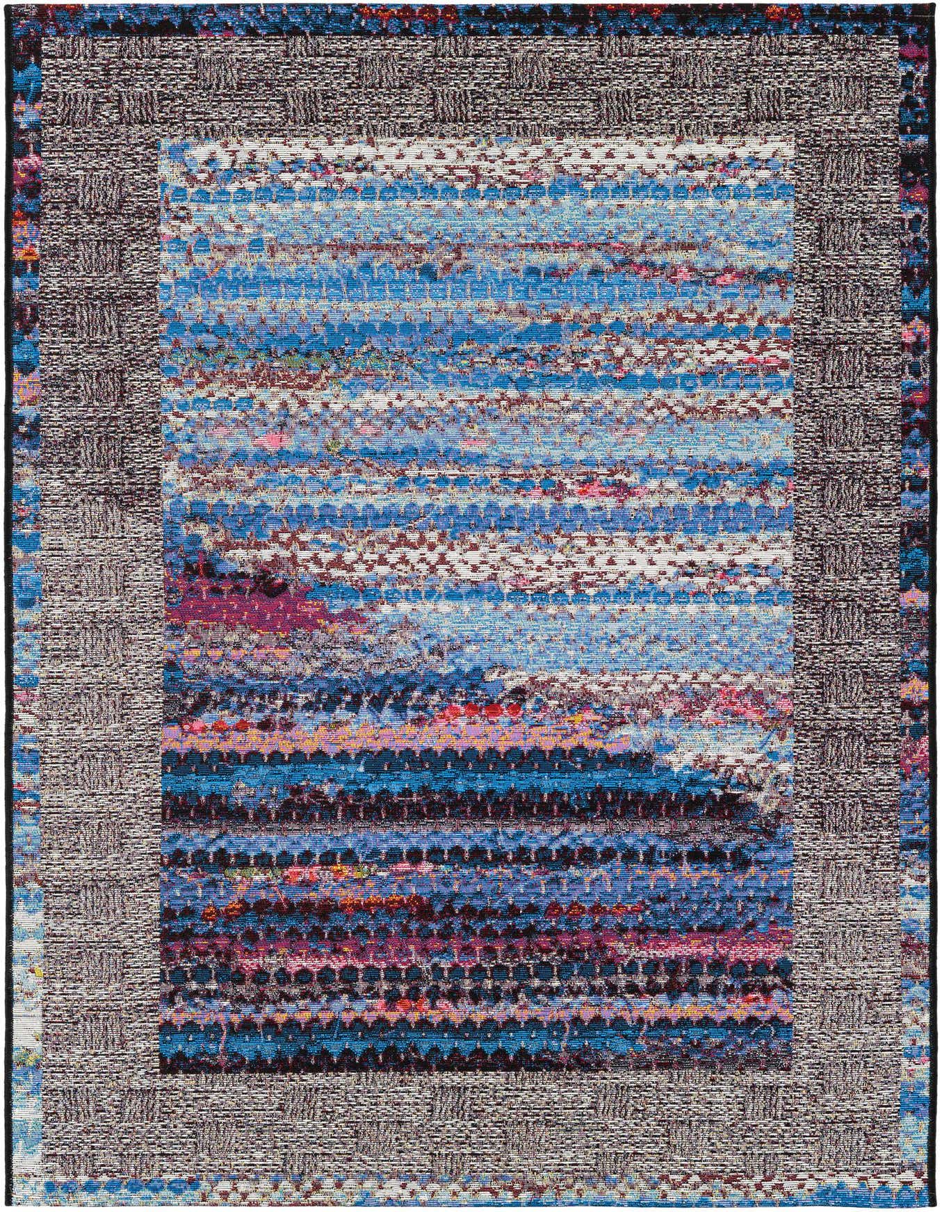 A 4x6 multi-colored rectangular modern stripe rug with a textured flatweave pile, suitable for indoor or outdoor use.