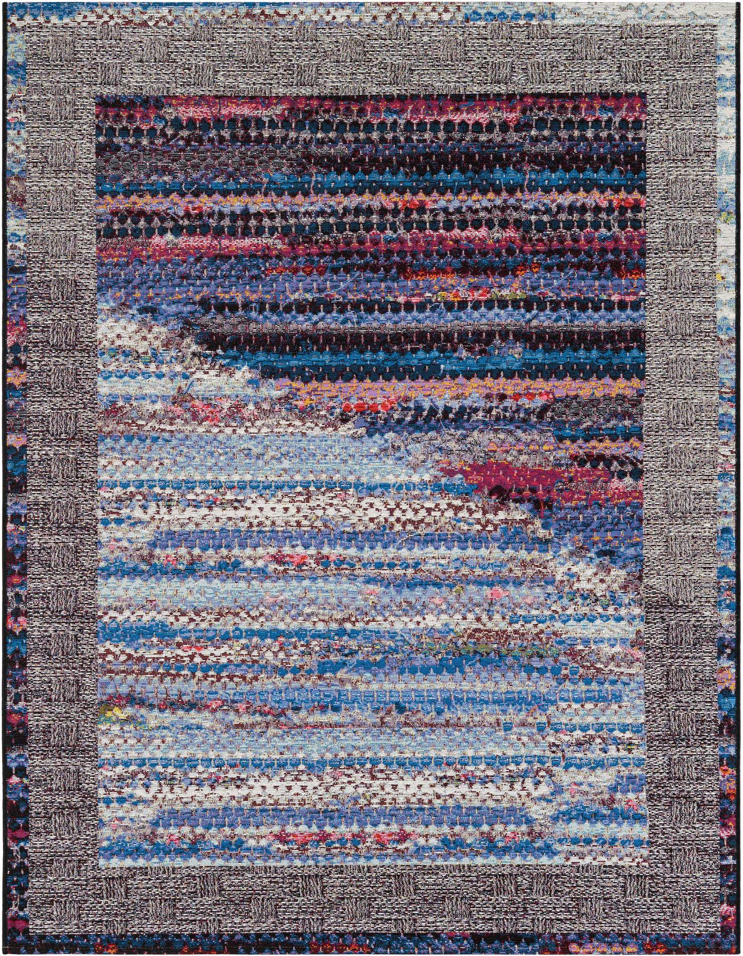 A 5x7 multi-colored rectangular rug with horizontal stripes in blues, reds, and purples, framed by a textured gray border.