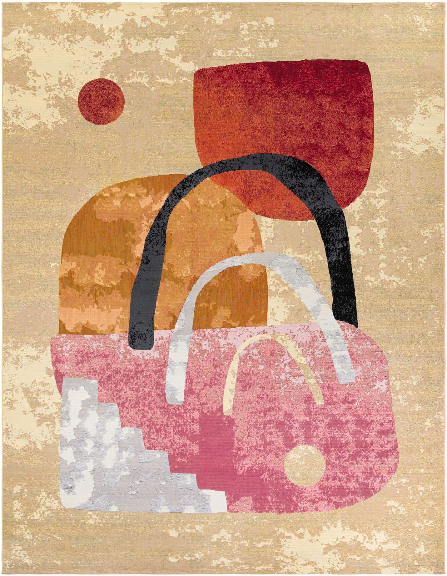 A 10x14 rectangular multi-colored modern abstract rug featuring bold shapes in pink, orange, red, black, and gray on a cream background.