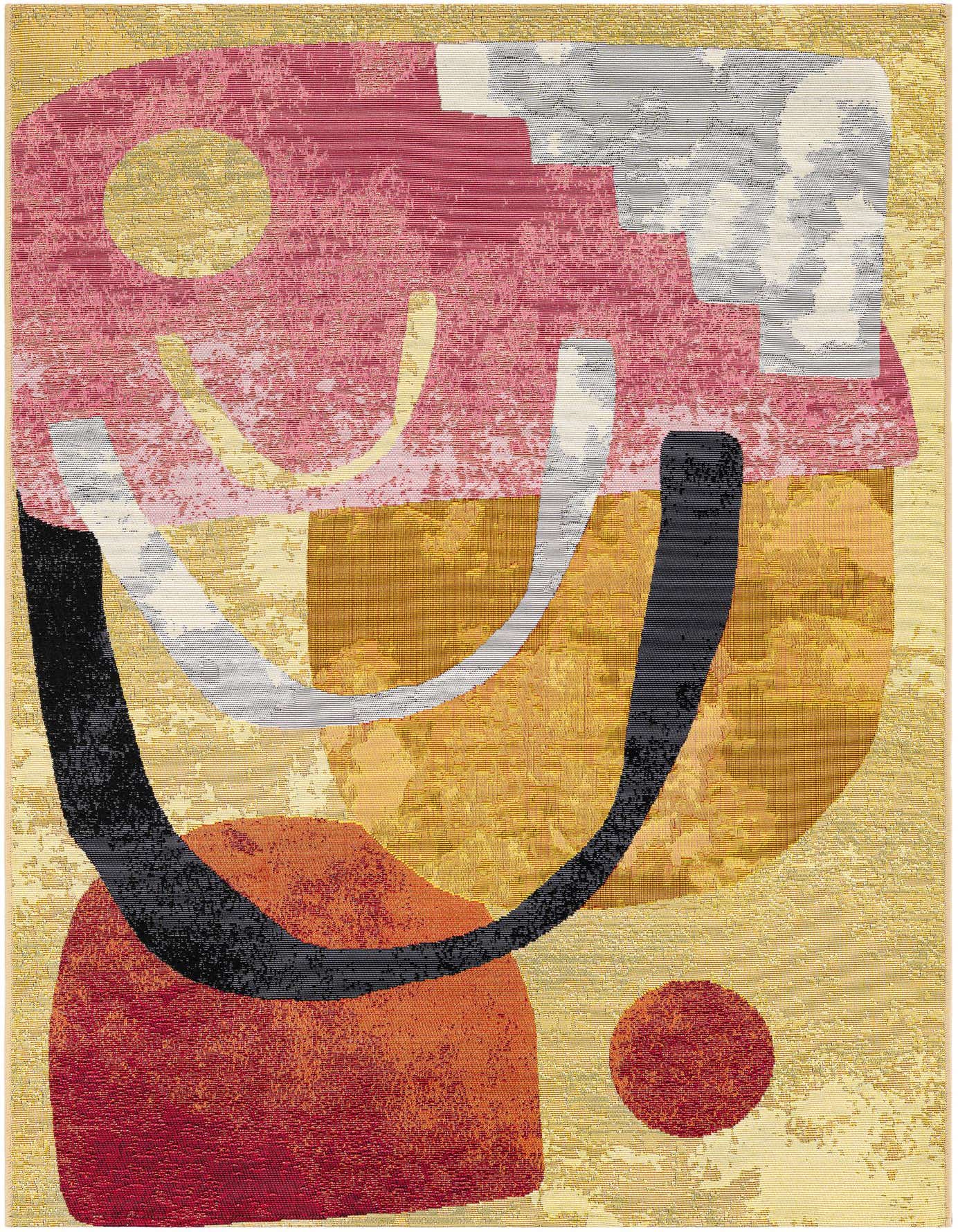 A 4x6 multi-colored abstract rug featuring bold shapes in pink, orange, black, and white on a yellow background, suitable for indoor or outdoor use.