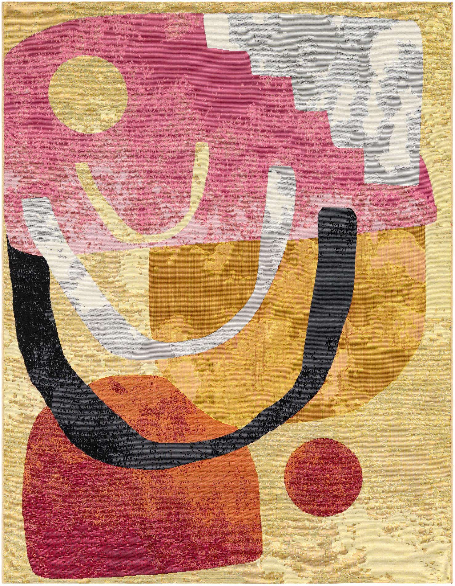 A 5x7 rectangular multi-colored abstract rug featuring bold shapes in pink, orange, yellow, black, and white, suitable for a patio.