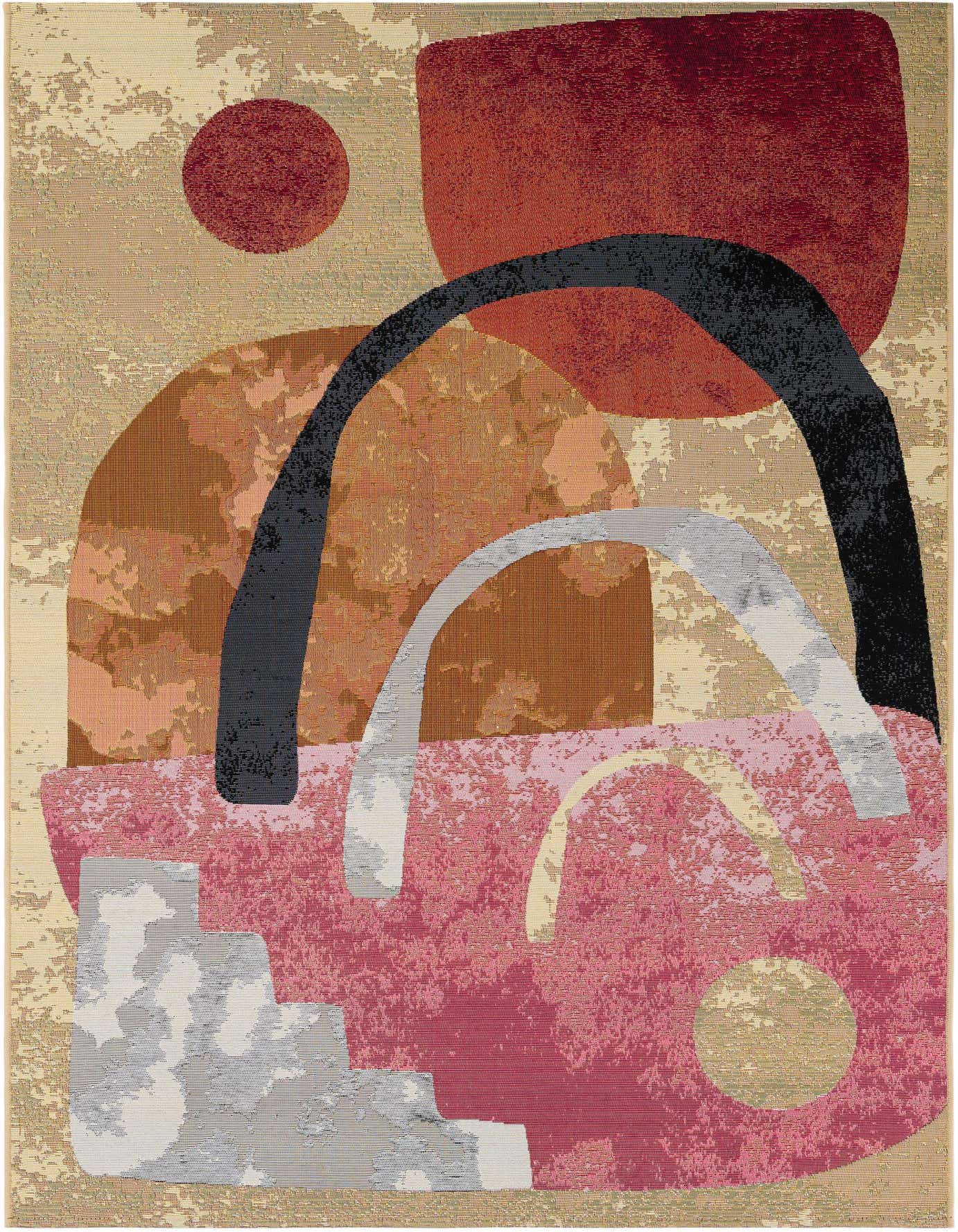 A 5x8 rectangular multi-colored abstract rug with large shapes in red, brown, pink, black, and gray on a light background.