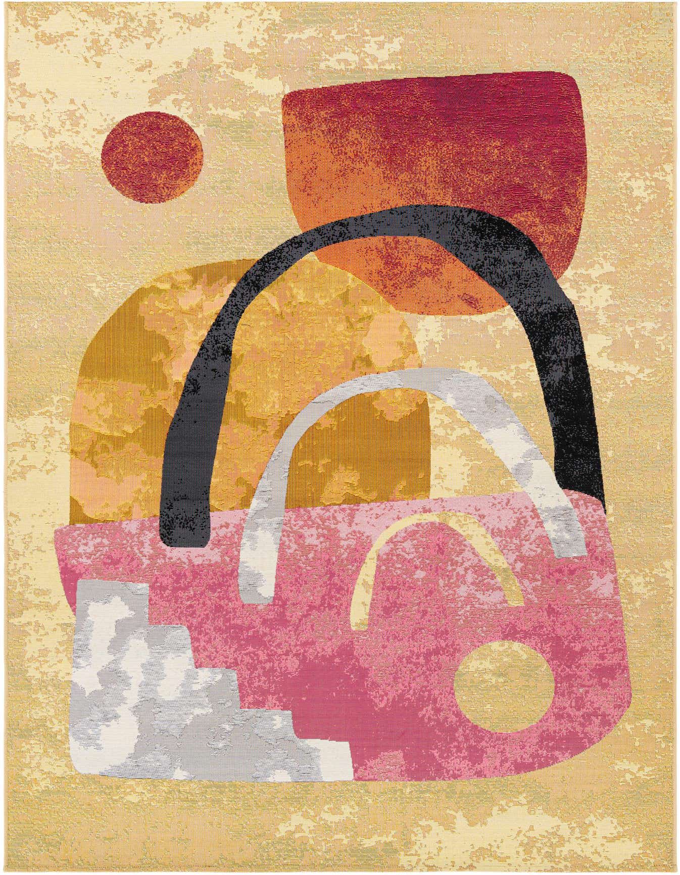 A vibrant 6x9 rectangular rug with a modern abstract design in multi-colors, featuring geometric shapes and arches on a textured yellow background.