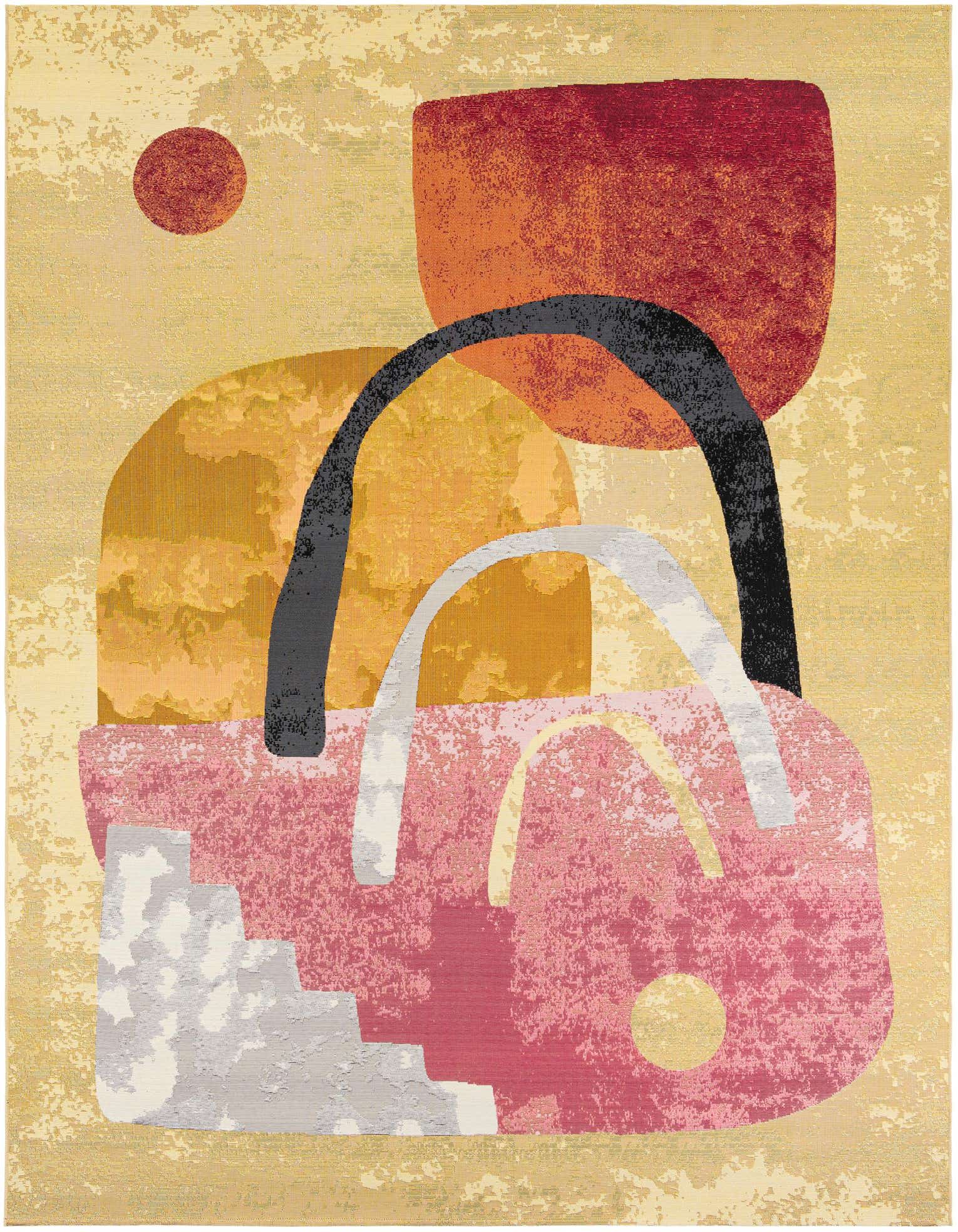 A 9x12 rectangular modern abstract rug featuring a multi-colored design with shapes in pink, orange, red, and yellow on a textured gold background.