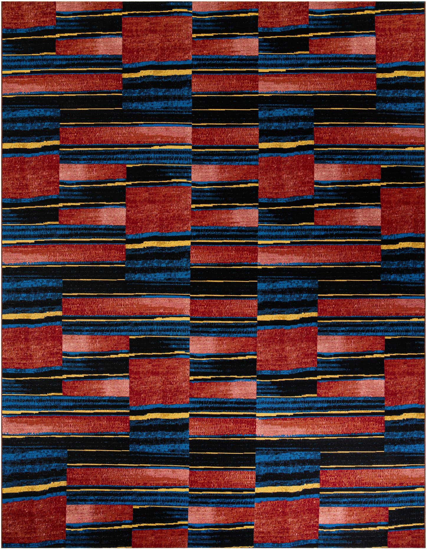 A 10x14 multi-colored rectangular rug featuring a modern stripe pattern in red, blue, black, and yellow, suitable for indoor or outdoor use.