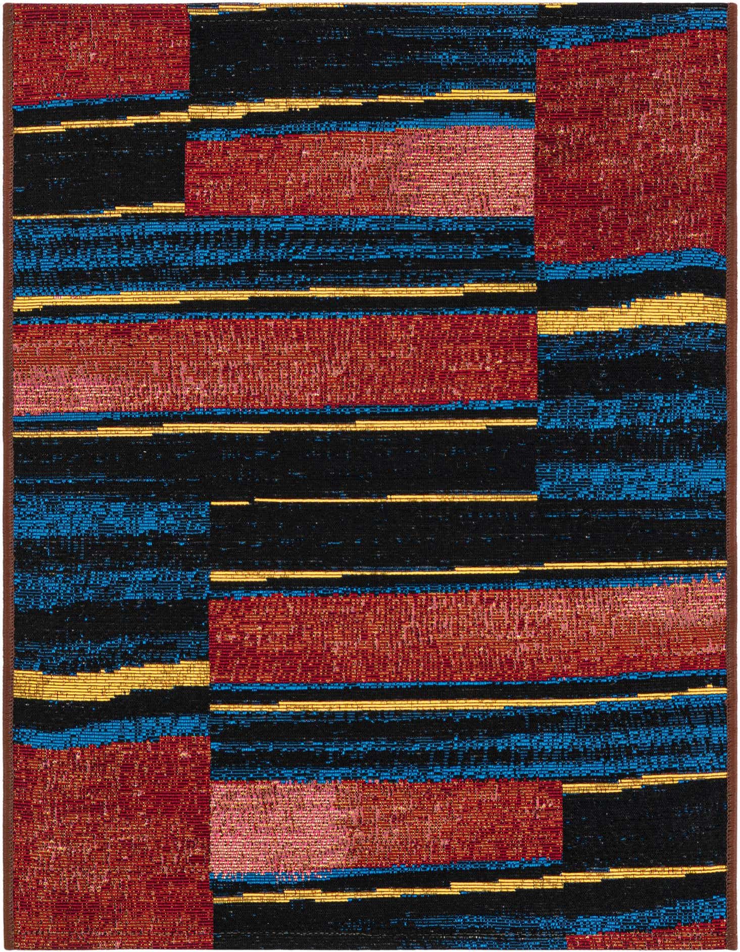 A 2x3 rectangular multi-colored modern stripe rug with blocks of red, black, blue, and yellow, suitable for indoor/outdoor use.