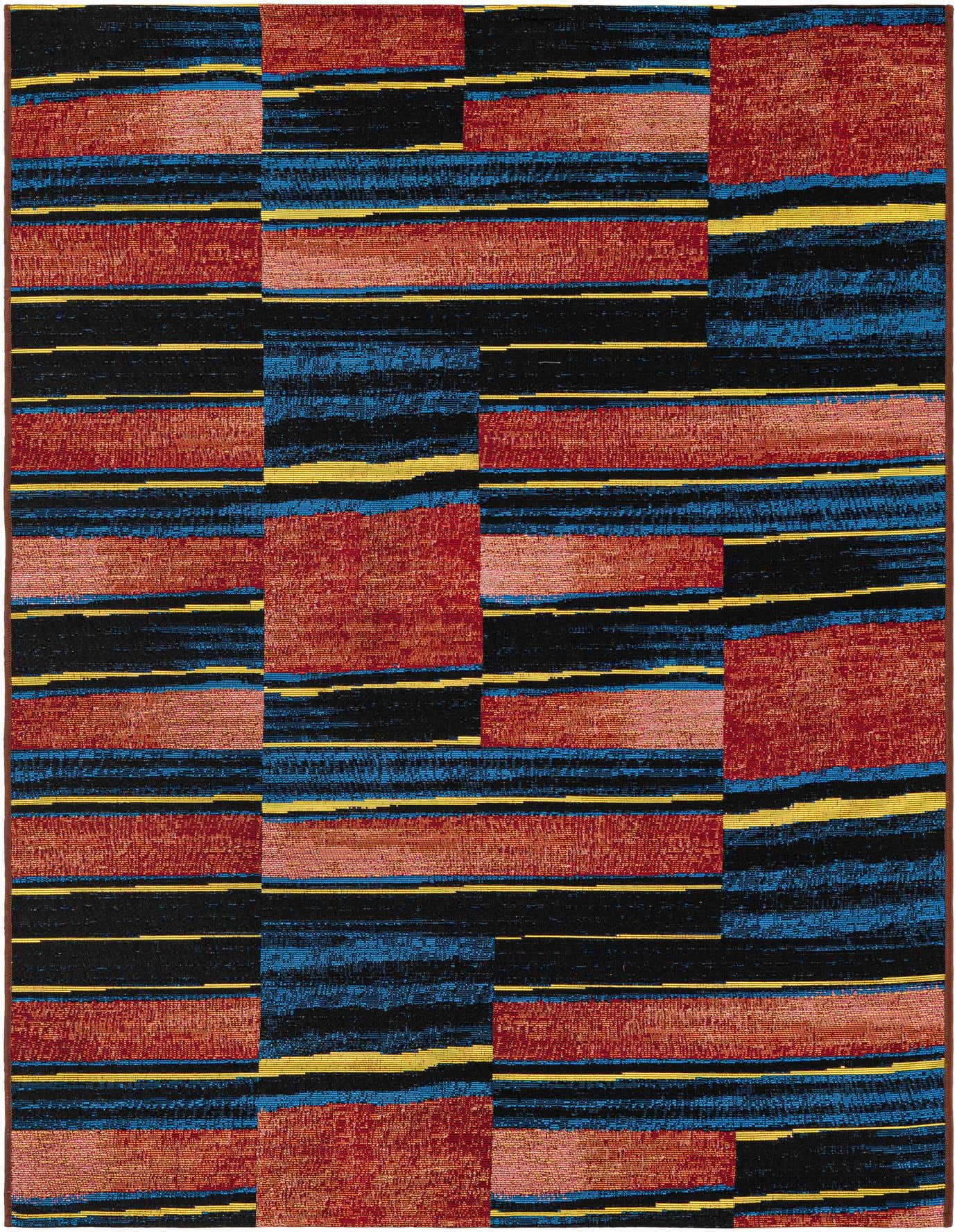 A 4x6 multi-colored rectangular rug with a modern stripe pattern, featuring blocks of red, black, blue, and yellow.