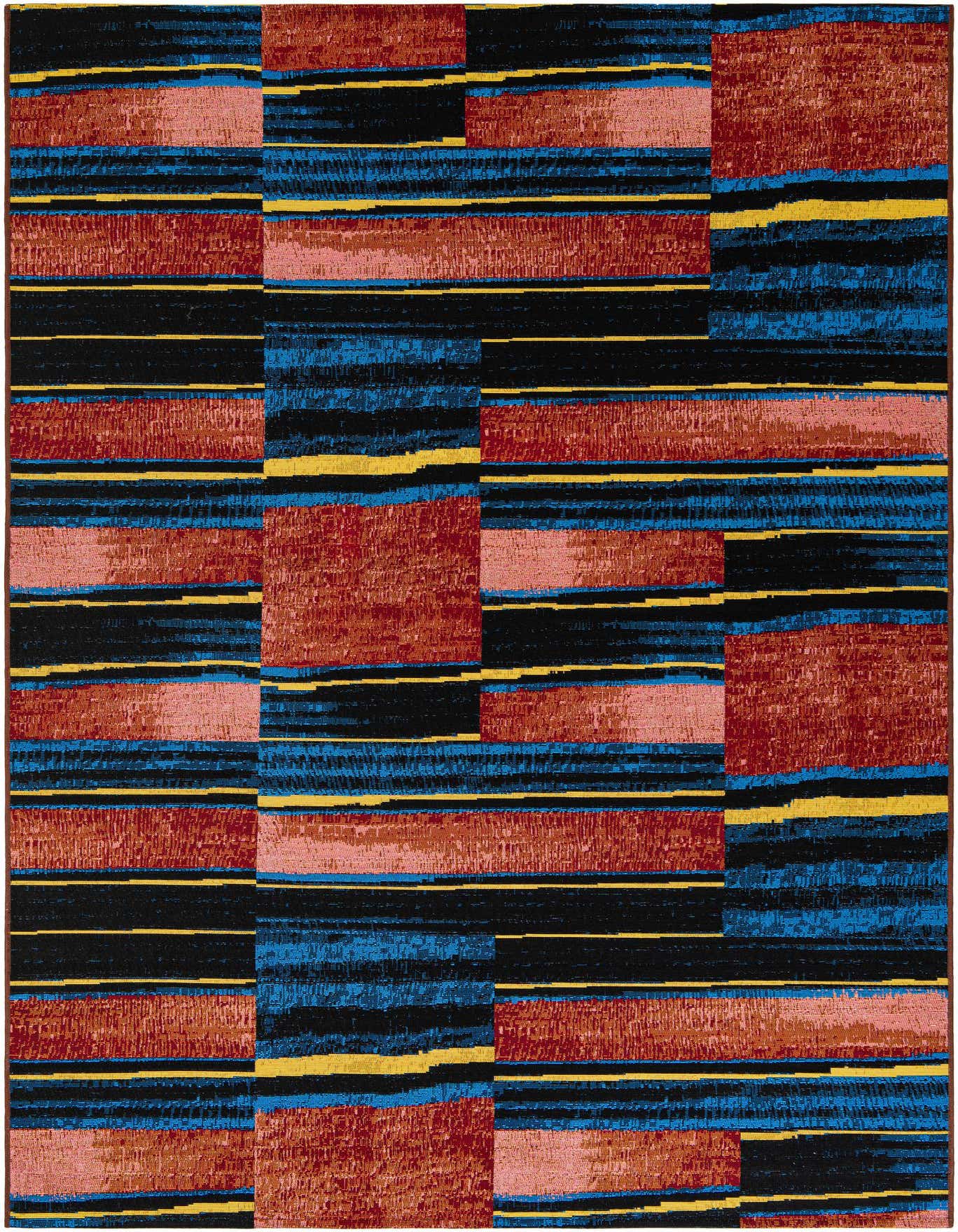 A 6x9 multi-colored modern stripe rug with blocks of red, pink, blue, black, and yellow stripes.