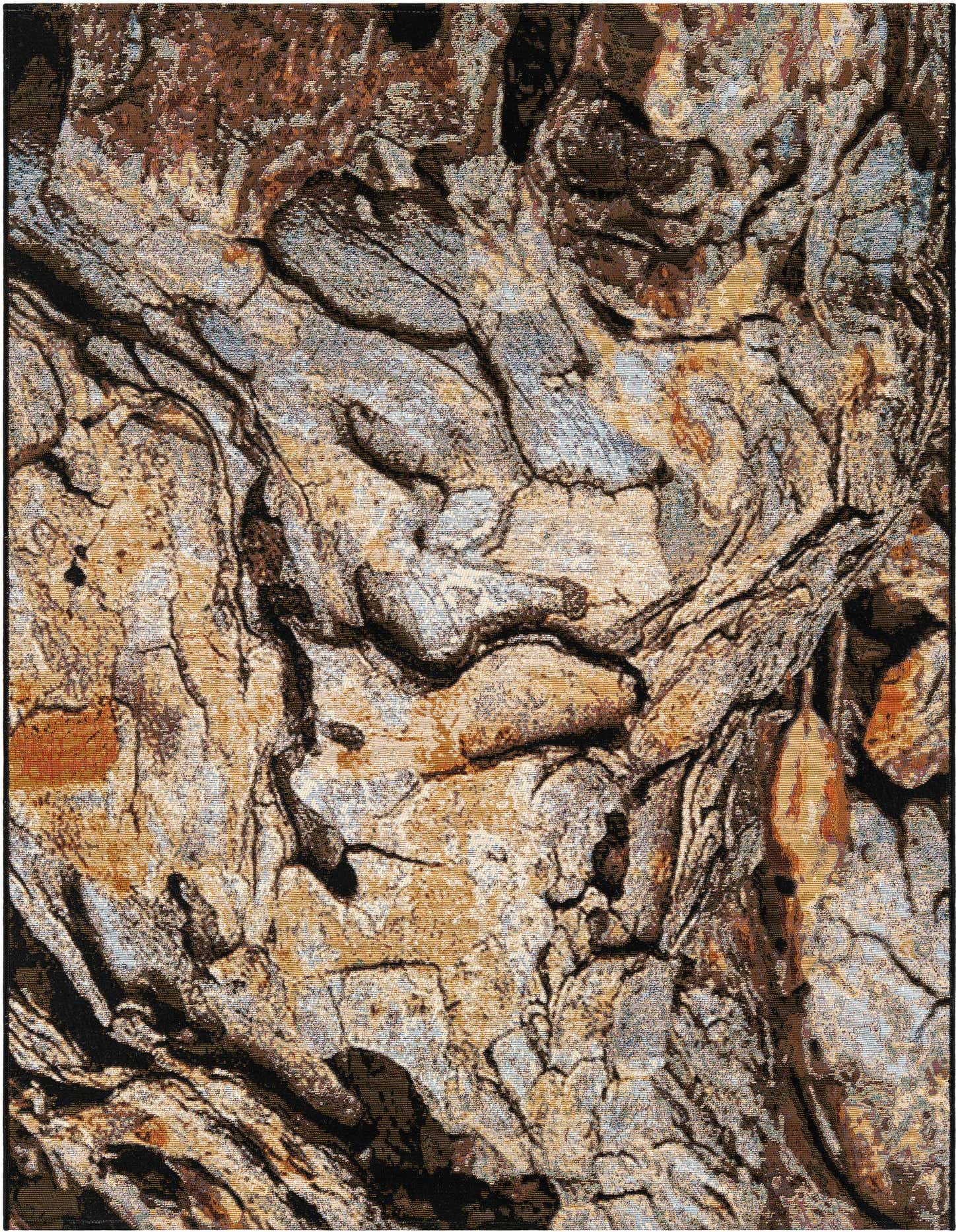 A 5x7 rectangular multi-colored modern rug with an abstract, textured pattern resembling tree bark, suitable for indoor or outdoor use.