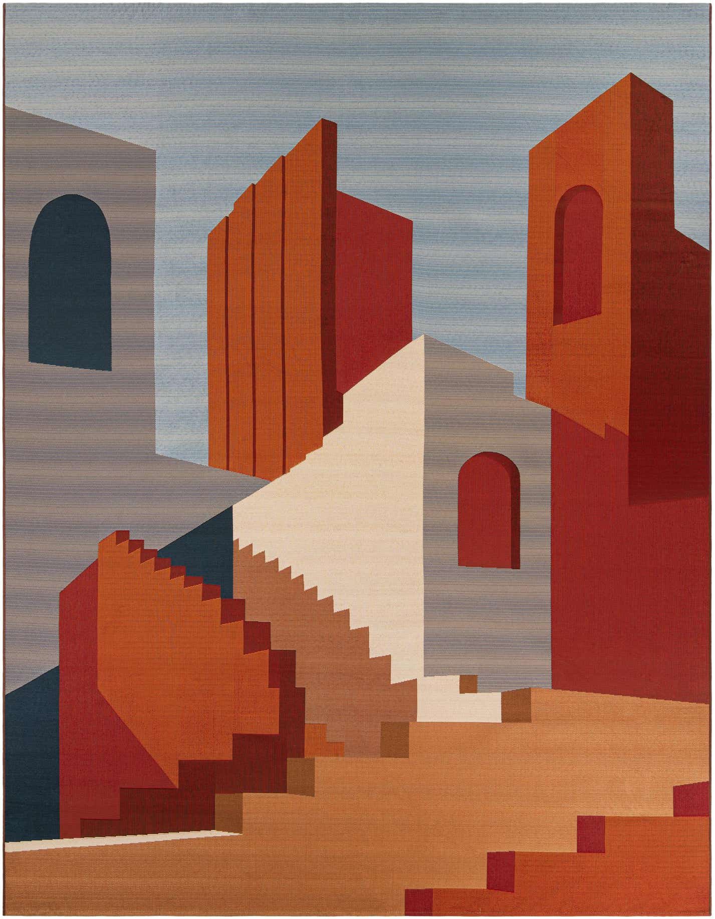 A rectangular 10x14 multi-colored rug with an abstract Southwestern-modern design featuring architectural shapes in shades of orange, red, beige, and blue.