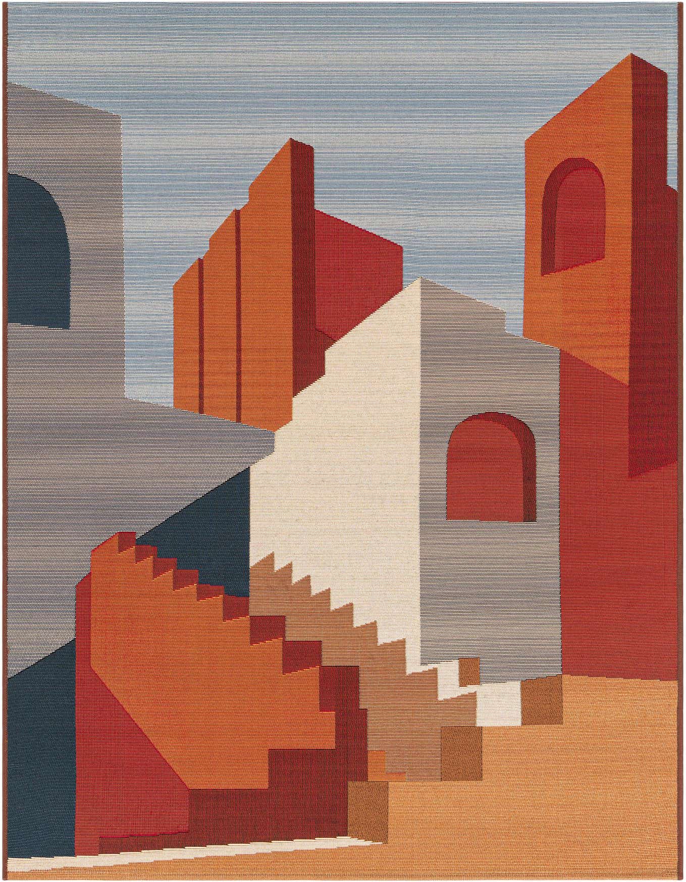 A 4x6 multi-colored rectangular rug with a modern Southwestern architectural pattern featuring shades of orange, red, beige, and blue.