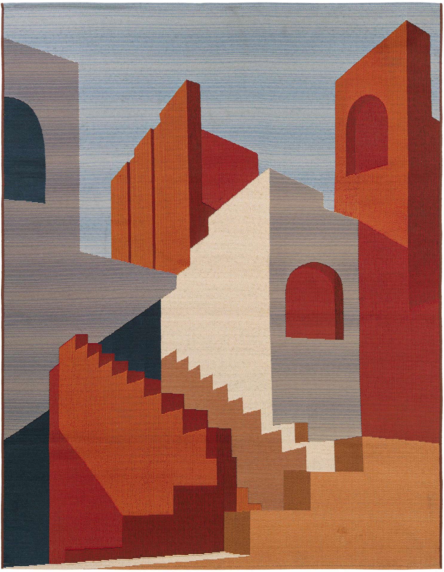 A 5x7 multi-colored Southwestern abstract rug featuring geometric shapes resembling buildings and stairs in shades of red, orange, cream, and blue.
