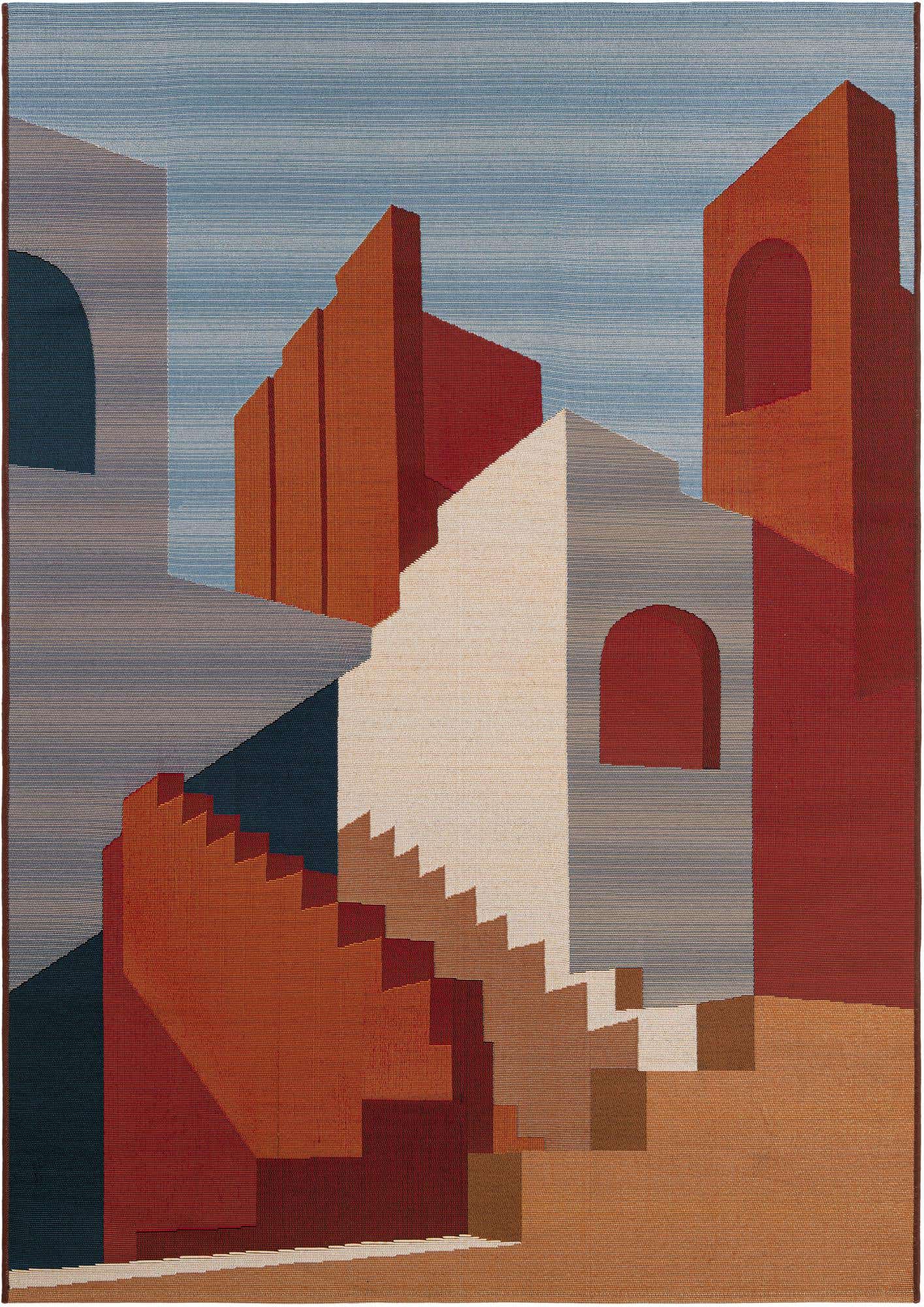A 5x8 rectangular multi-colored rug featuring an abstract Southwestern-modern design with geometric shapes resembling buildings and stairs in shades of terracotta, cream, blue, and grey.
