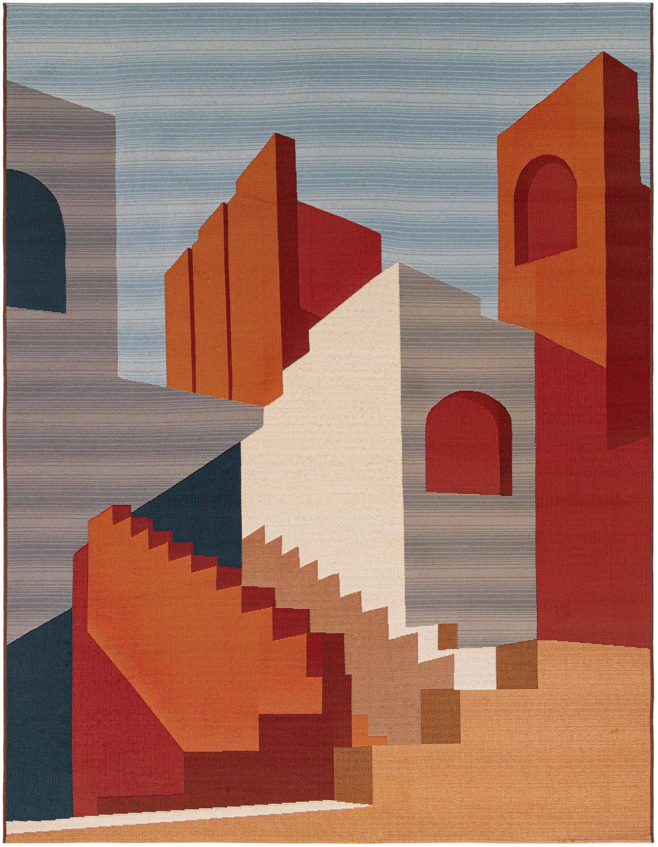 A 6x9 rectangular multi-colored rug featuring an abstract Southwestern-modern design with architectural shapes and stairs in shades of red, orange, blue, and cream.