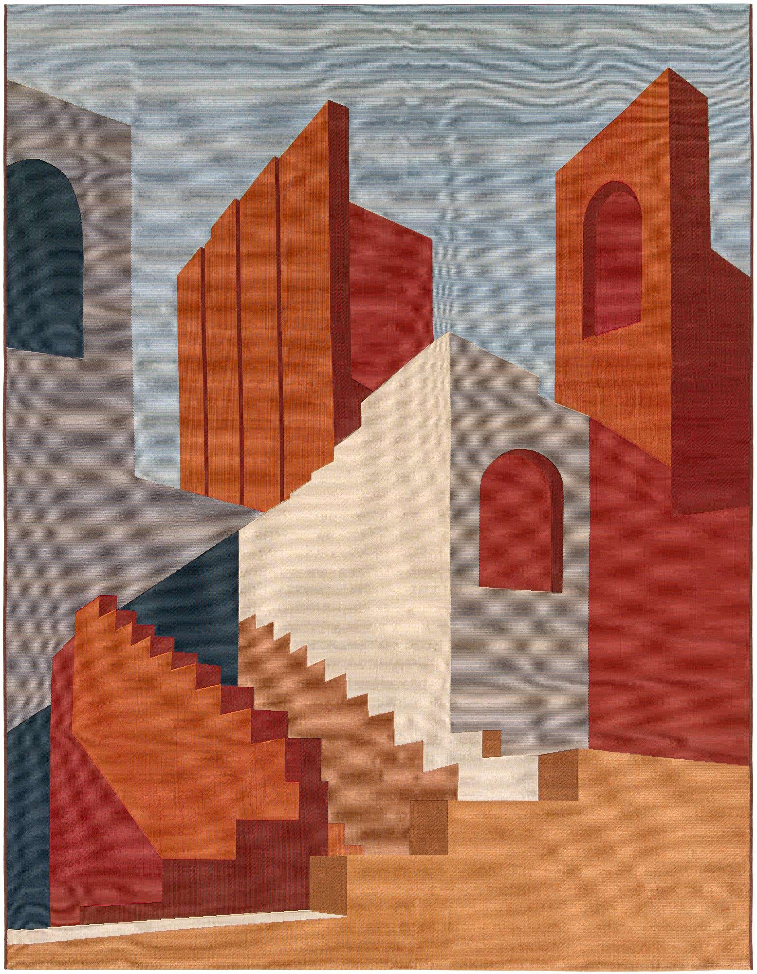 A rectangular 8x10 multi-colored rug featuring a modern, abstract Southwestern-style architectural design with terracotta, cream, blue, and brown tones.