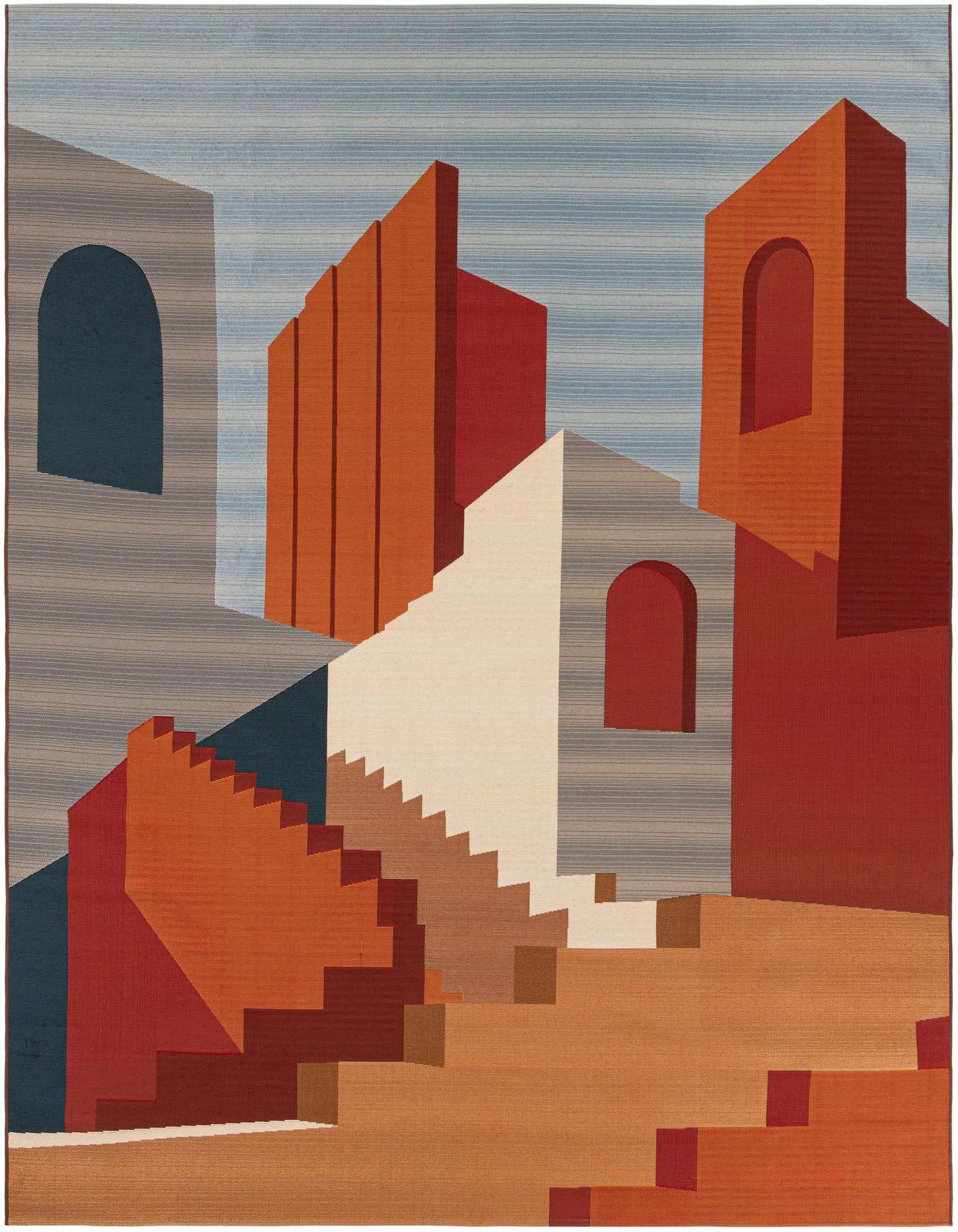 A 9x12 multi-colored rectangular rug featuring a modern Southwestern architectural design with terracotta, blue, and cream shapes.