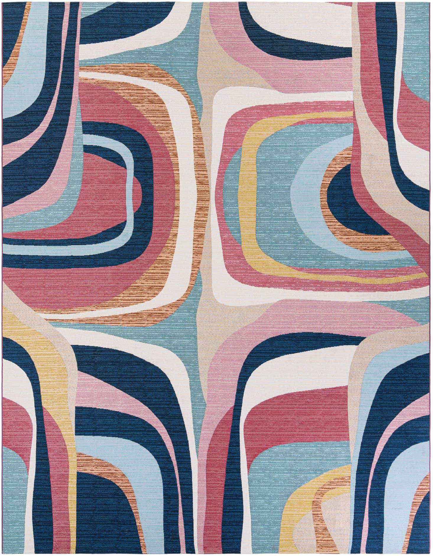 A 10x14 rectangular rug with a vibrant, multi-colored abstract pattern featuring wavy lines in shades of blue, pink, yellow, and white.