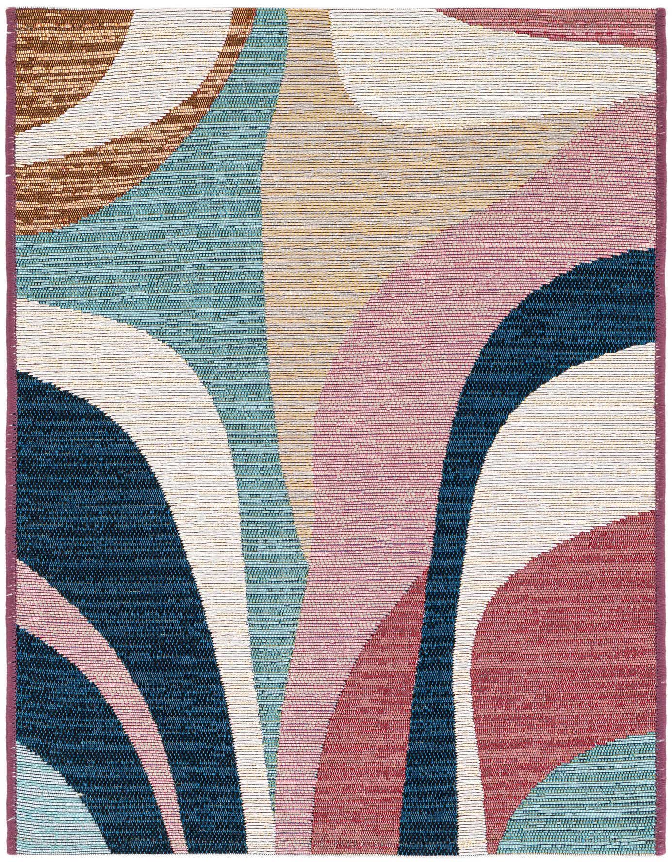A 2x3 rectangular multi-colored modern rug with abstract curved shapes in teal, pink, navy, red, and cream.