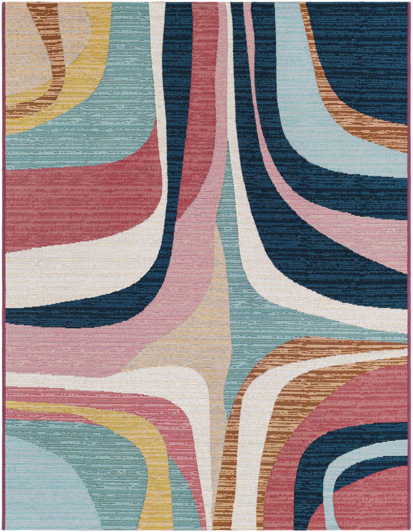 A 4x6 rectangular indoor/outdoor rug with a vibrant, multi-colored abstract pattern featuring flowing waves in shades of blue, pink, red, yellow, and white.