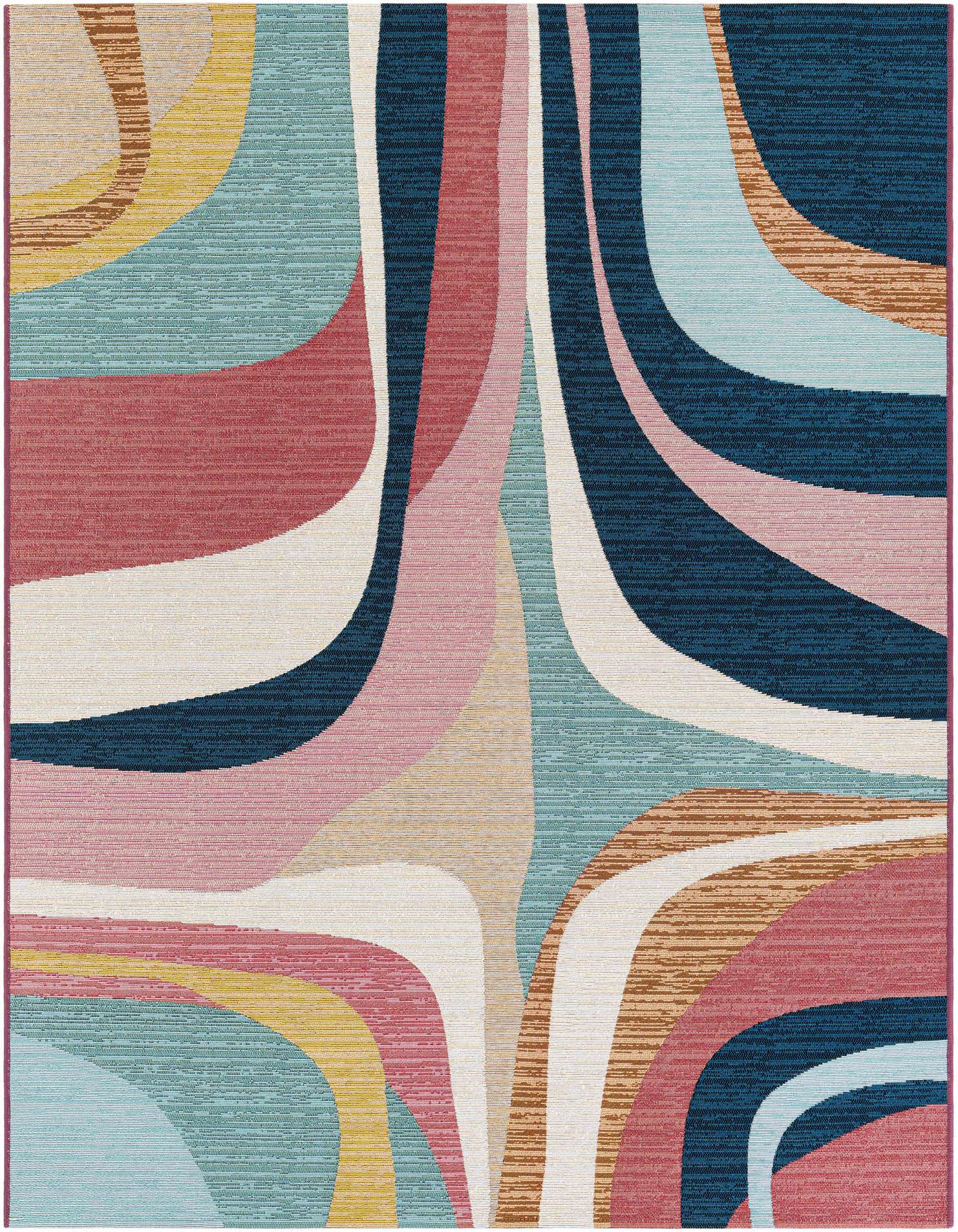 A 5x7 rectangular multi-colored abstract rug with wavy lines in shades of blue, pink, yellow, and red, suitable for a patio.