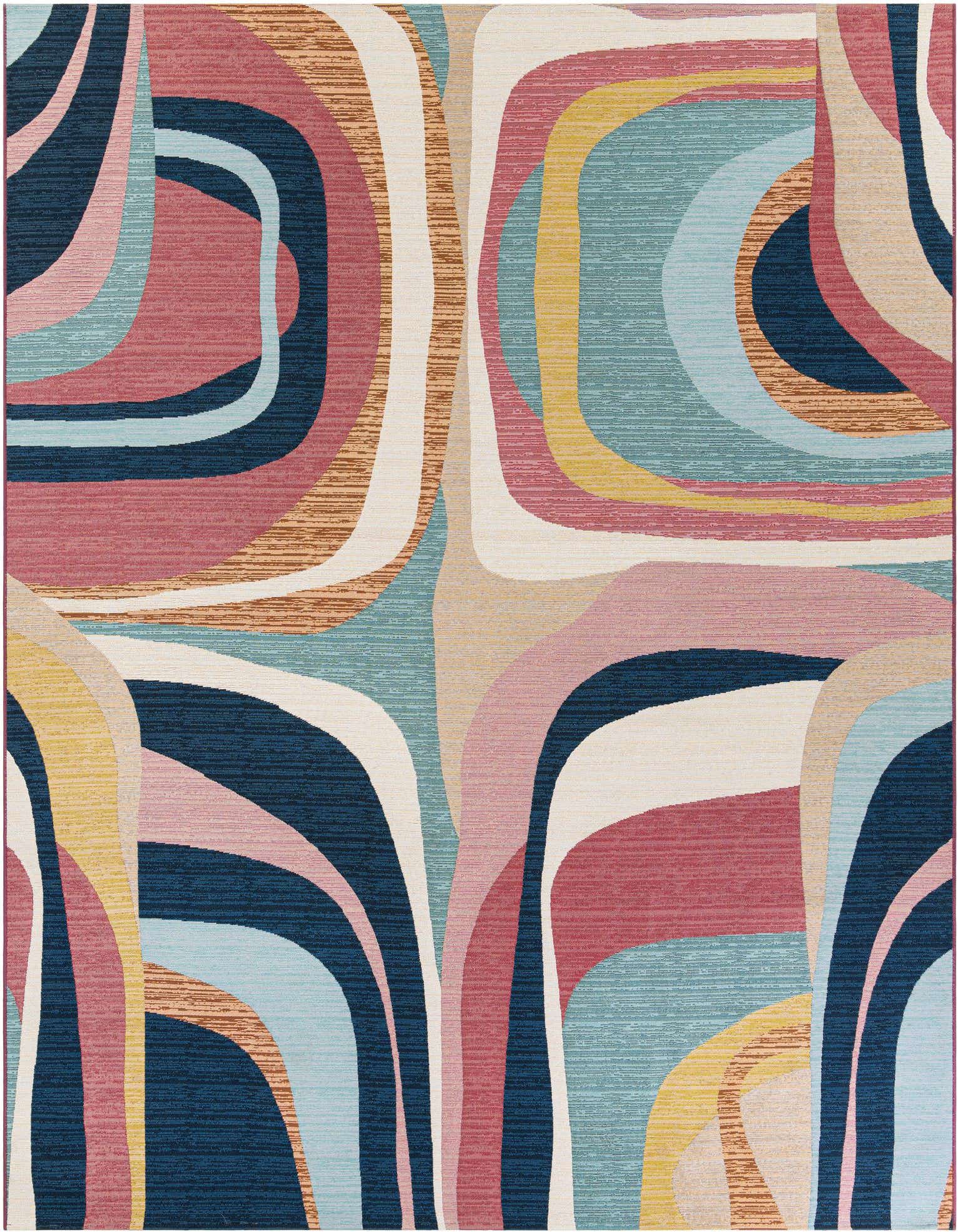 A 9x12 multi-colored modern abstract rug with wavy lines in shades of blue, pink, yellow, and white.