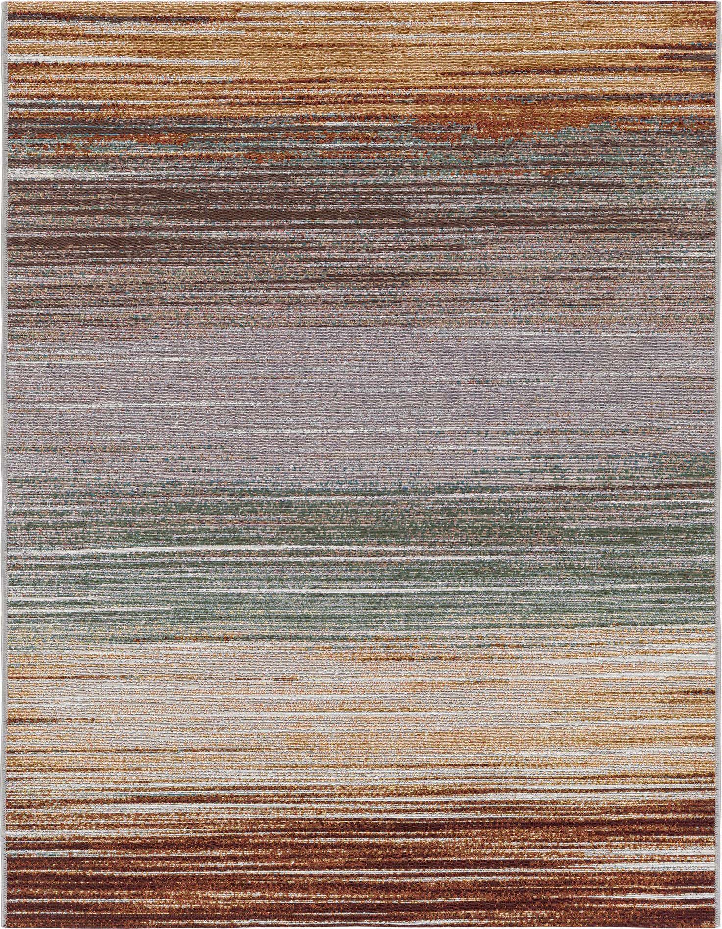 A 4x6 rectangular multi-colored modern rug with horizontal stripes in shades of brown, orange, green, and grey.