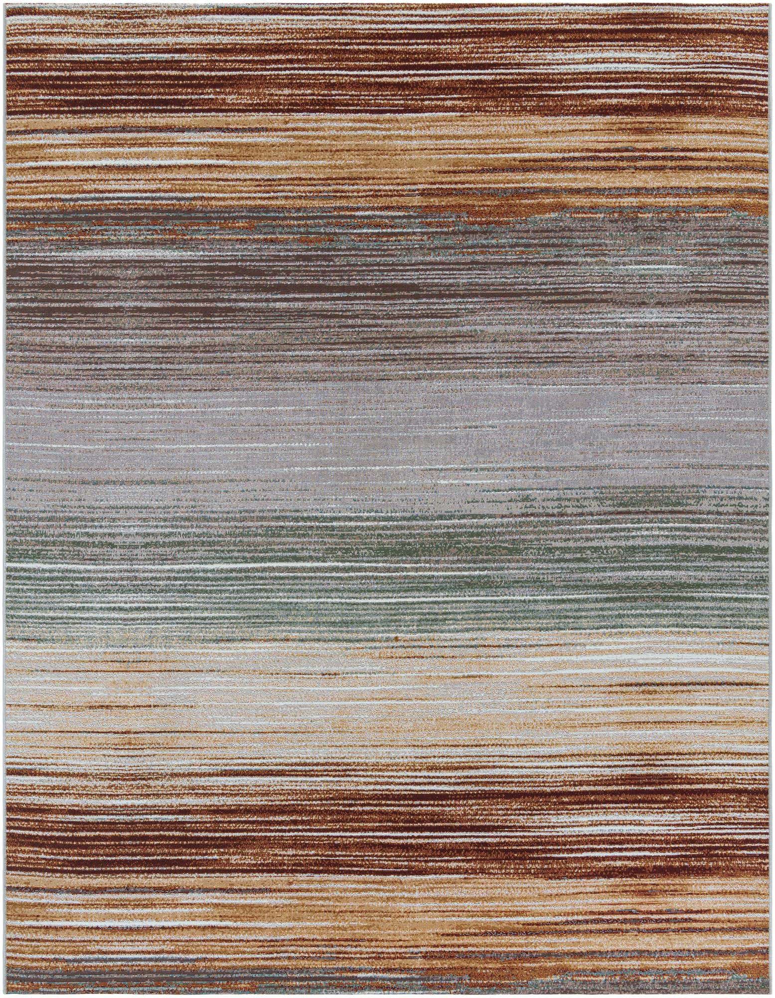 A rectangular 8x10 multi-colored modern rug with horizontal stripes in shades of brown, gold, grey, and green.