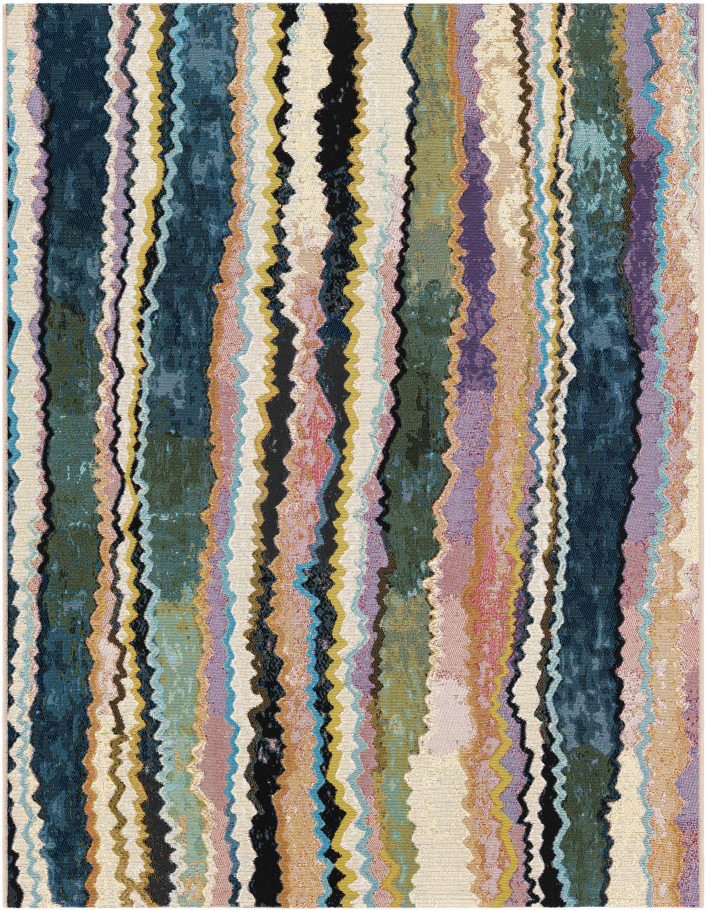 A 4x6 multi-colored rectangular rug with a modern wavy stripe pattern in shades of blue, green, purple, pink, yellow, and black.