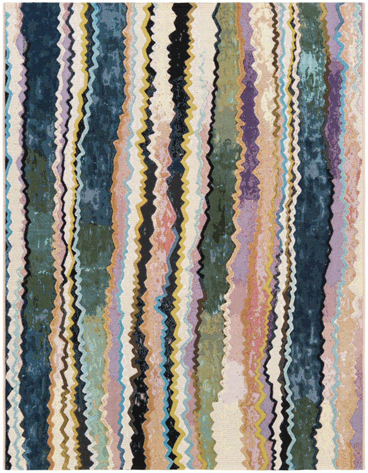 A 5x7 rectangular multi-colored modern abstract rug with vertical wavy stripes in various shades, suitable for indoor or outdoor use.