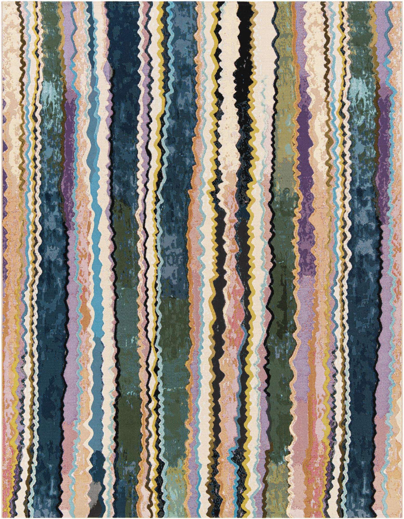 A vibrant 8x10 multi-colored modern rectangular rug with wavy vertical stripes in blues, greens, purples, and oranges.