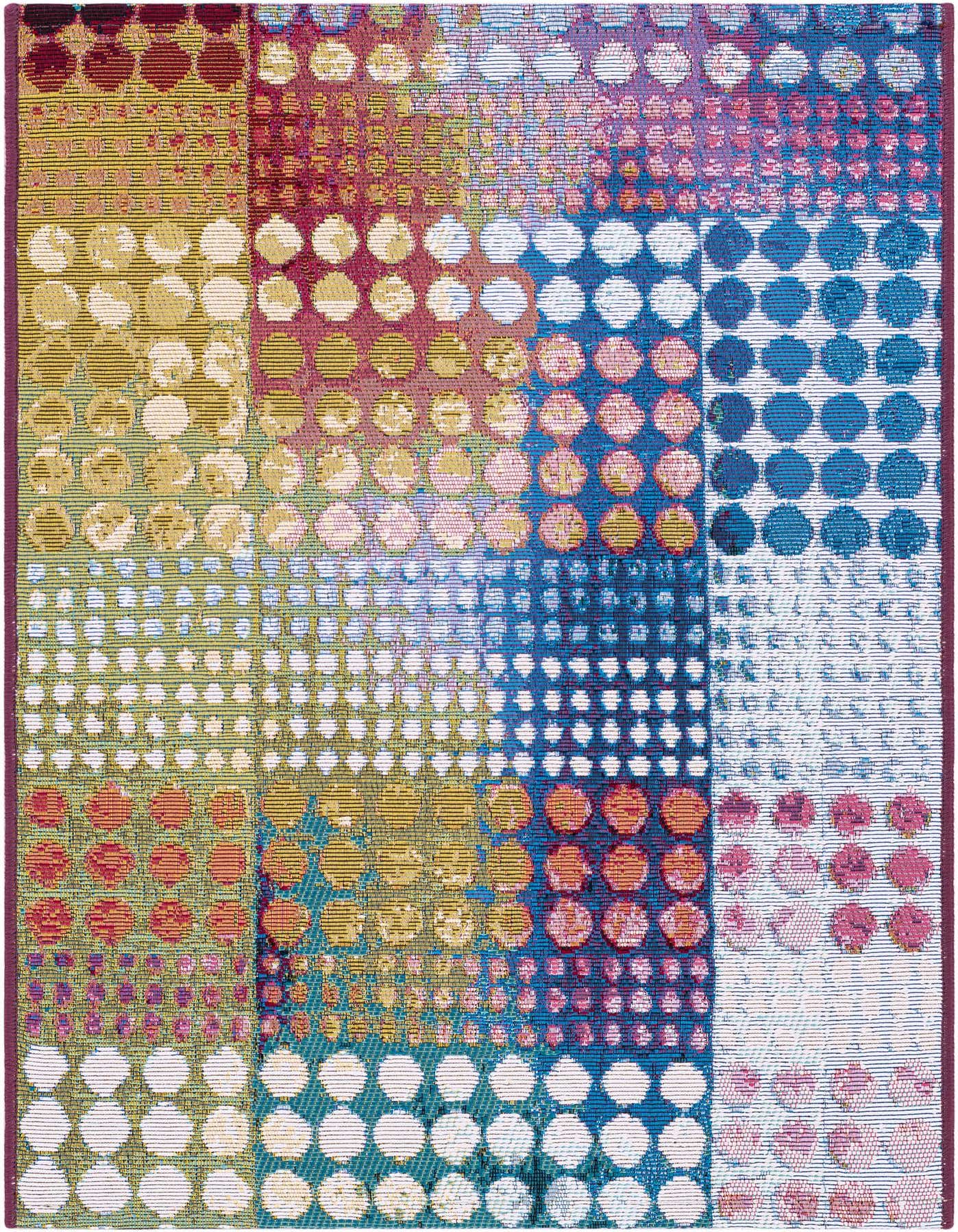 A 2x3 rectangular Rugs.com Outdoor Modern rug featuring a multi-colored abstract pattern of various sized dots and stripes.