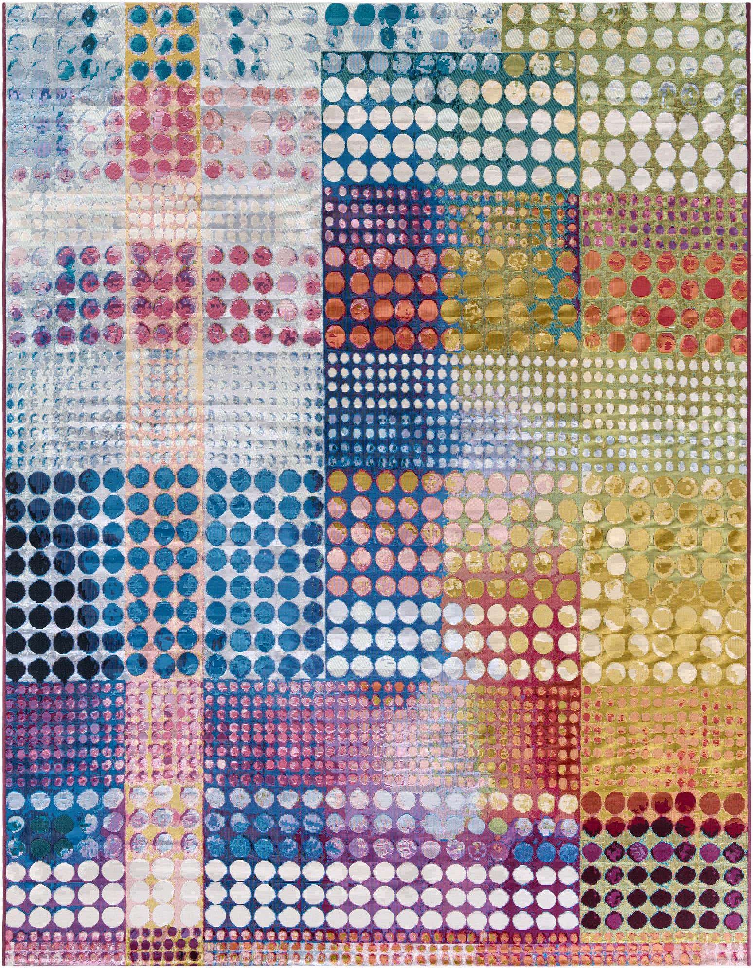 A vibrant 8x10 multi-colored rectangular rug with a modern abstract polka dot pattern, suitable for indoor or outdoor use.