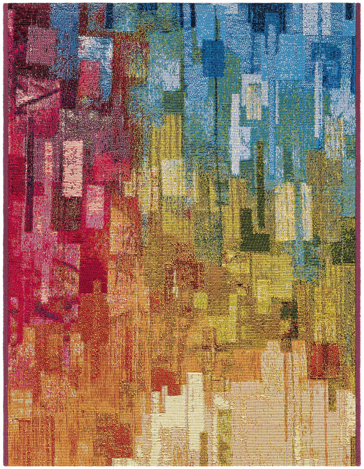 A 2x3 rectangular multi-colored modern abstract rug with a flatweave texture, suitable for indoor or outdoor use.