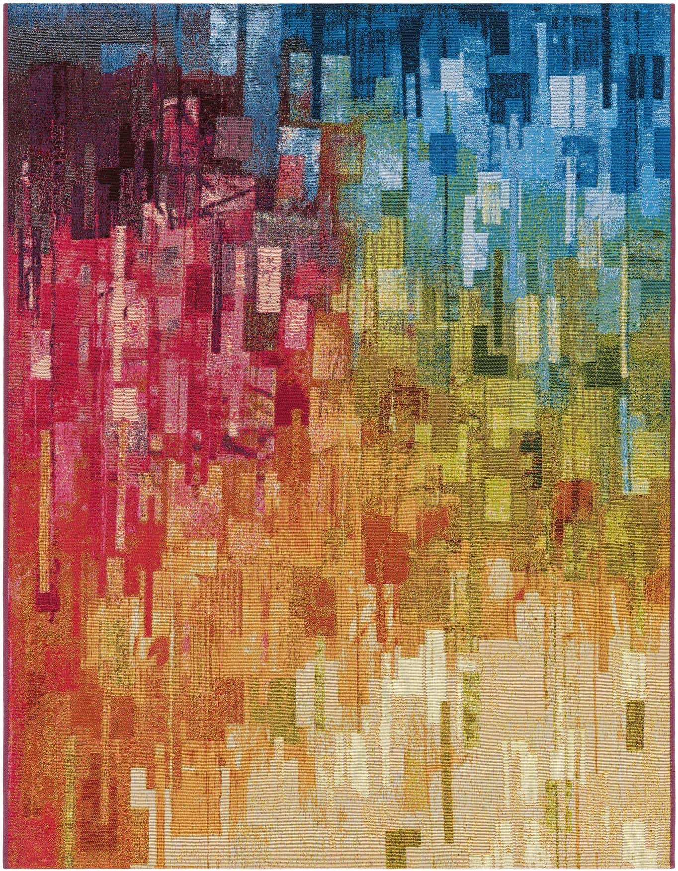A 4x6 rectangular multi-colored abstract rug featuring a vibrant blend of red, orange, yellow, and blue hues, suitable for indoor/outdoor use.