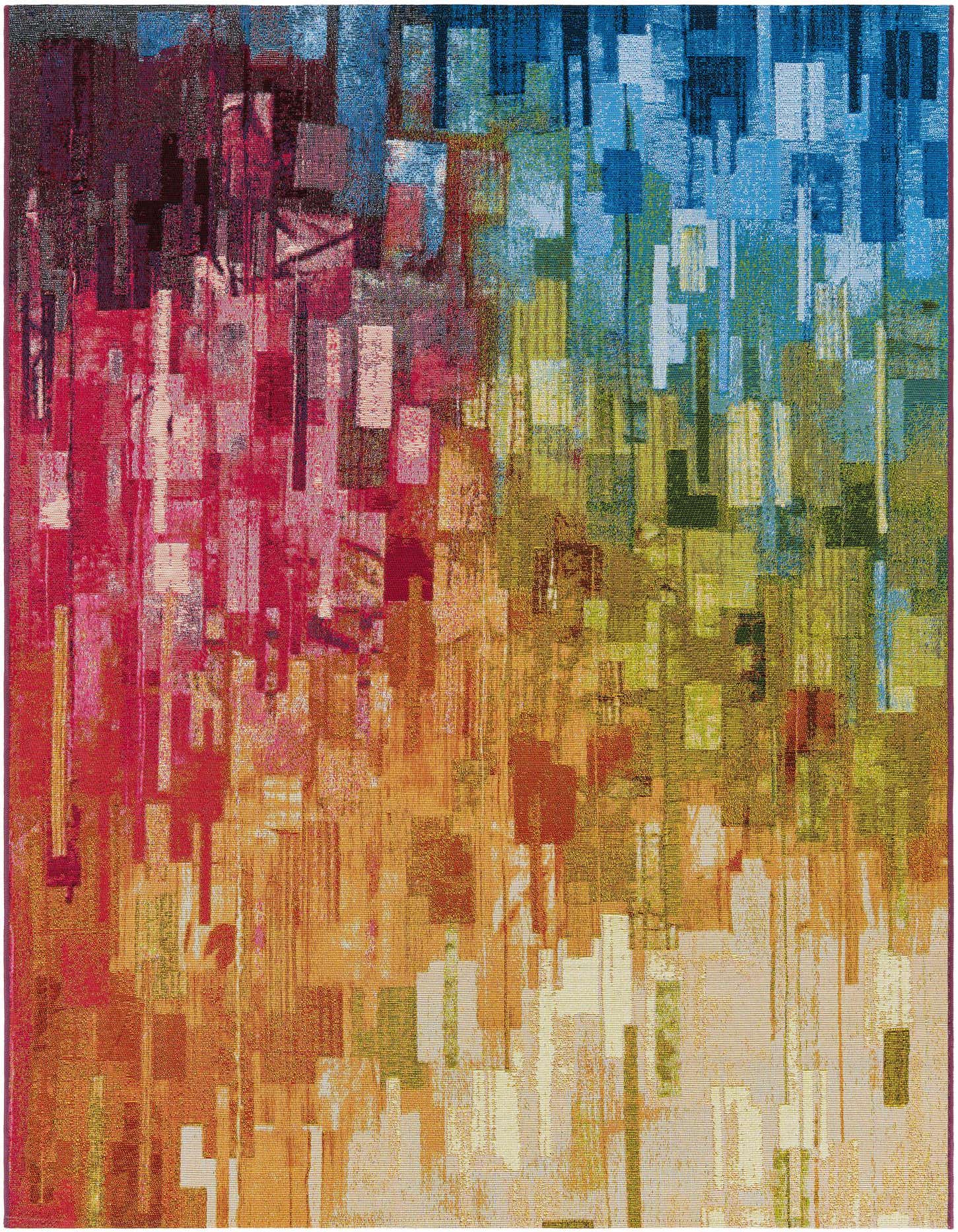 A 5x7 rectangular multi-colored abstract rug with a modern design, featuring a vibrant blend of red, orange, yellow, and blue hues.