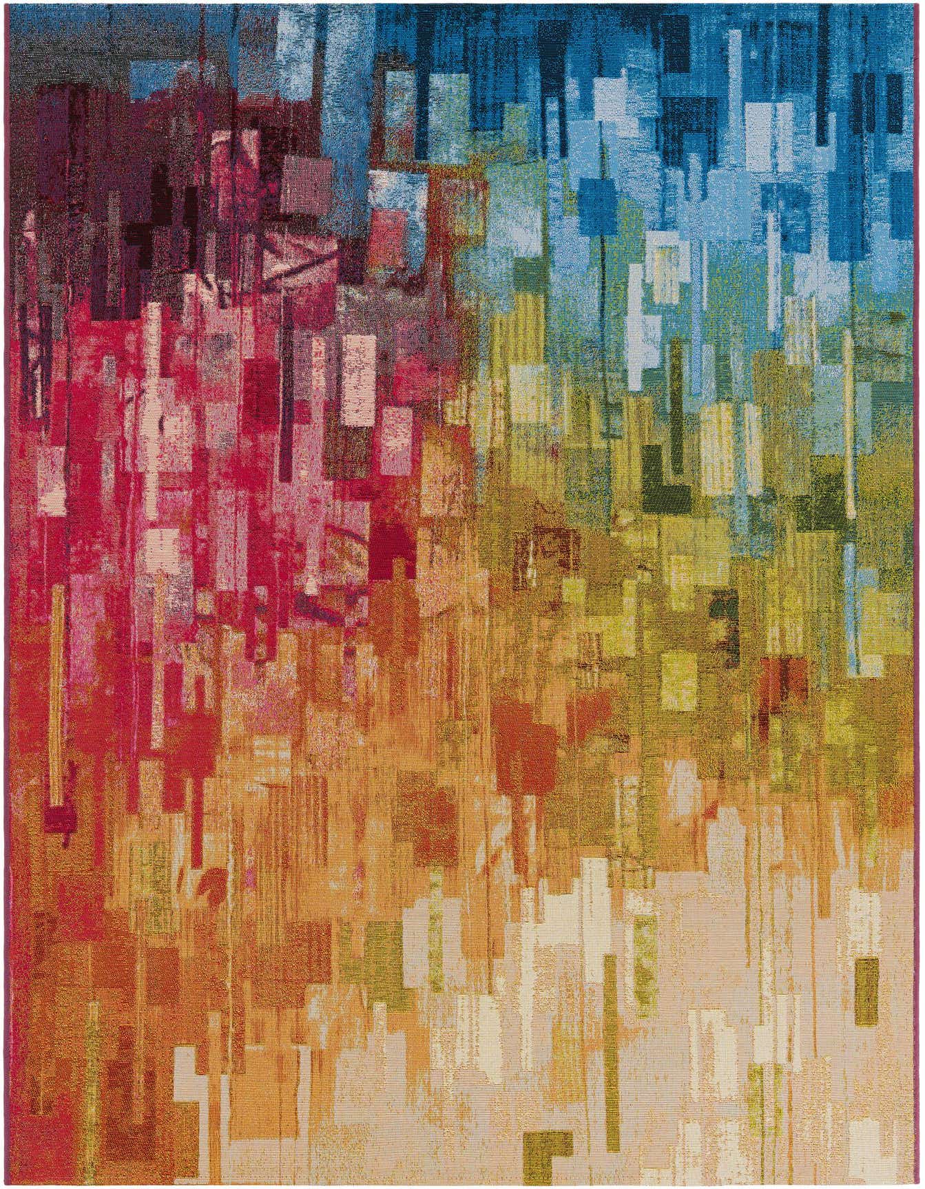 A 5x8 rectangular multi-colored modern rug with an abstract pixelated pattern, suitable for indoor or outdoor use.