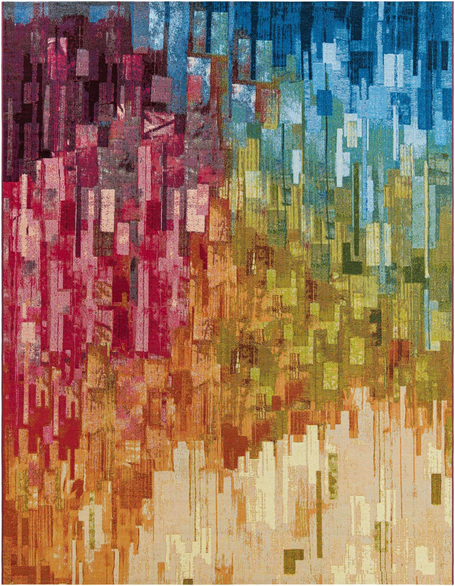 8x10 rectangular modern abstract rug with a multi-colored pixelated design in shades of red, orange, green, and blue, suitable for indoor or outdoor use.