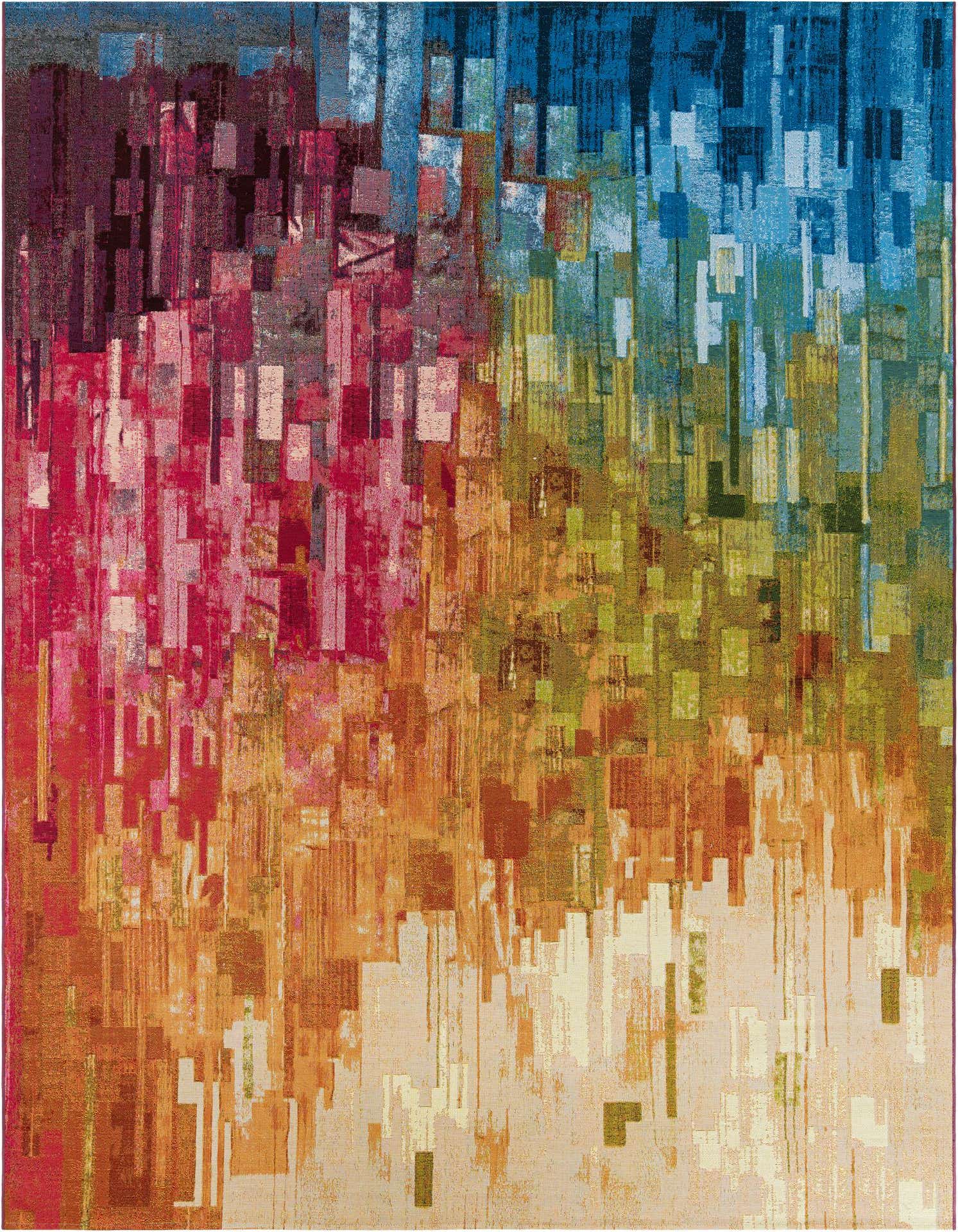 A 9x12 rectangular multi-colored abstract rug with a modern design, featuring vibrant blocks of red, orange, green, and blue hues.