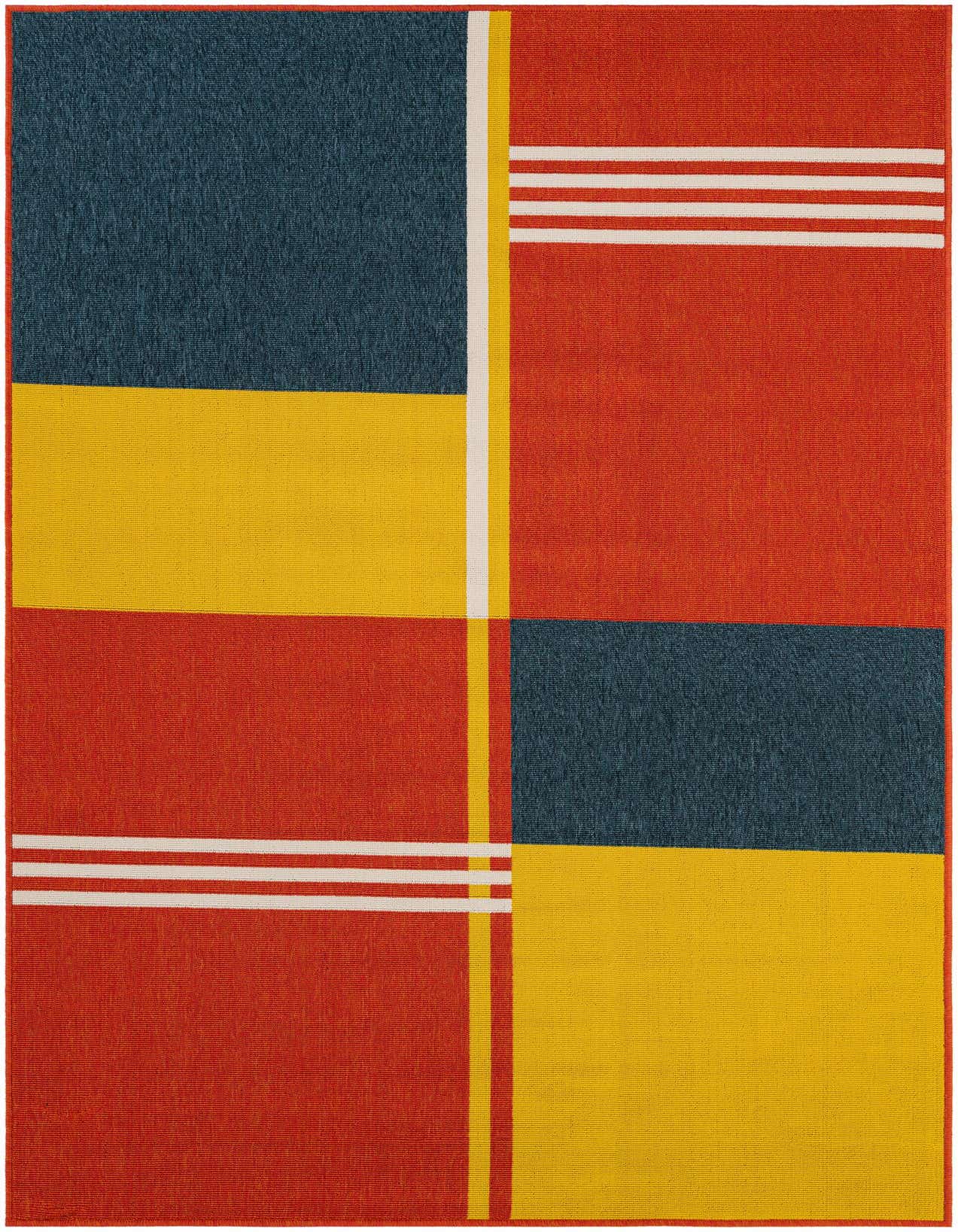 A 5x8 rectangular modern rug with a multi-colored geometric pattern in red, navy blue, yellow, and white stripes.