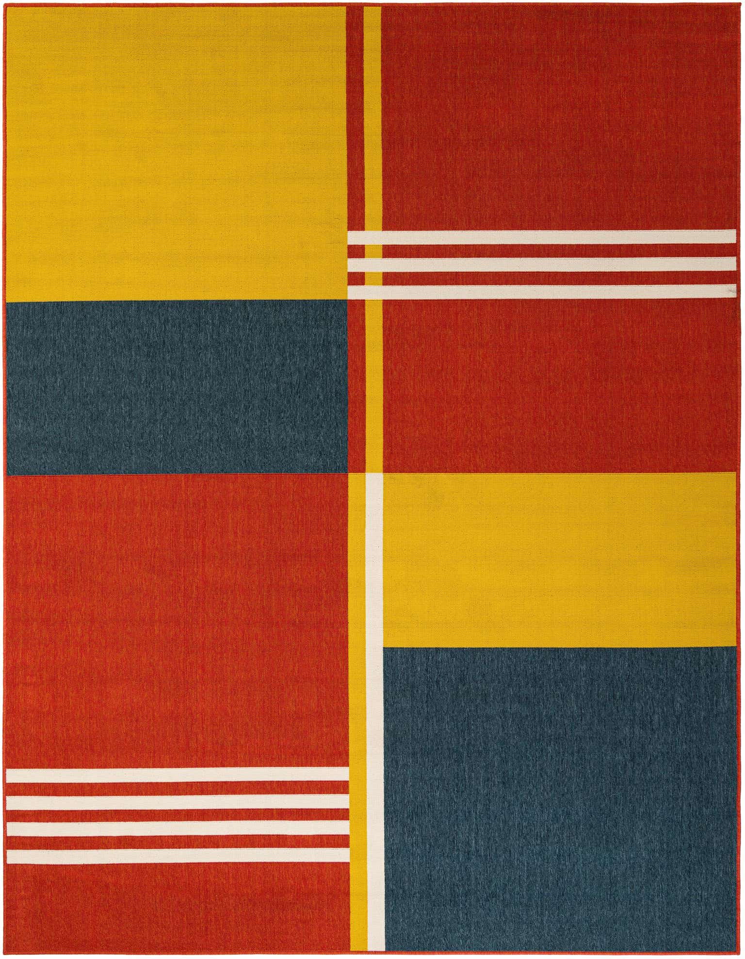 A vibrant 8x10 rectangular rug with a modern abstract design in blocks of red, yellow, and blue, accented with white stripes.