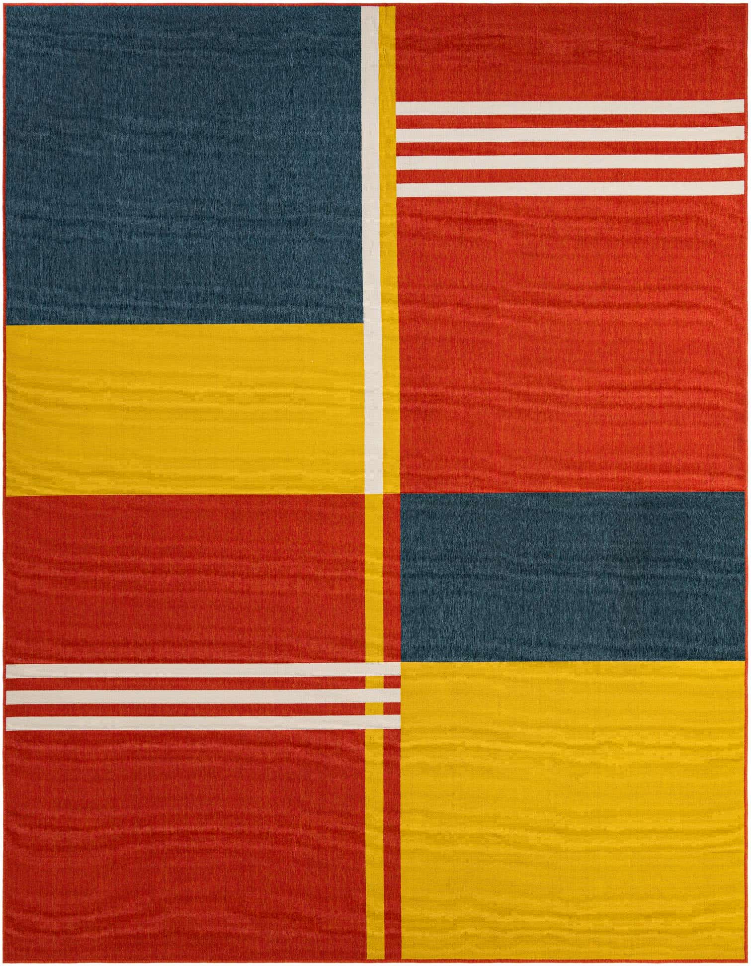 A 9x12 rectangular modern rug with a bold abstract pattern in red, yellow, dark blue, and white blocks and stripes.