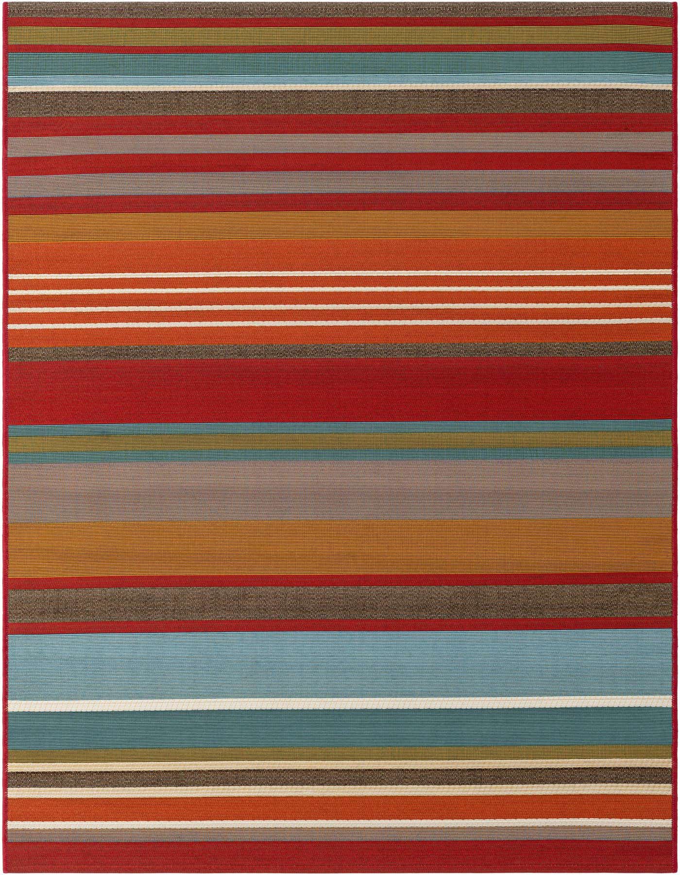 A 4x6 rectangular multi-colored striped rug with red, orange, blue, green, and brown bands, suitable for indoor or outdoor spaces.