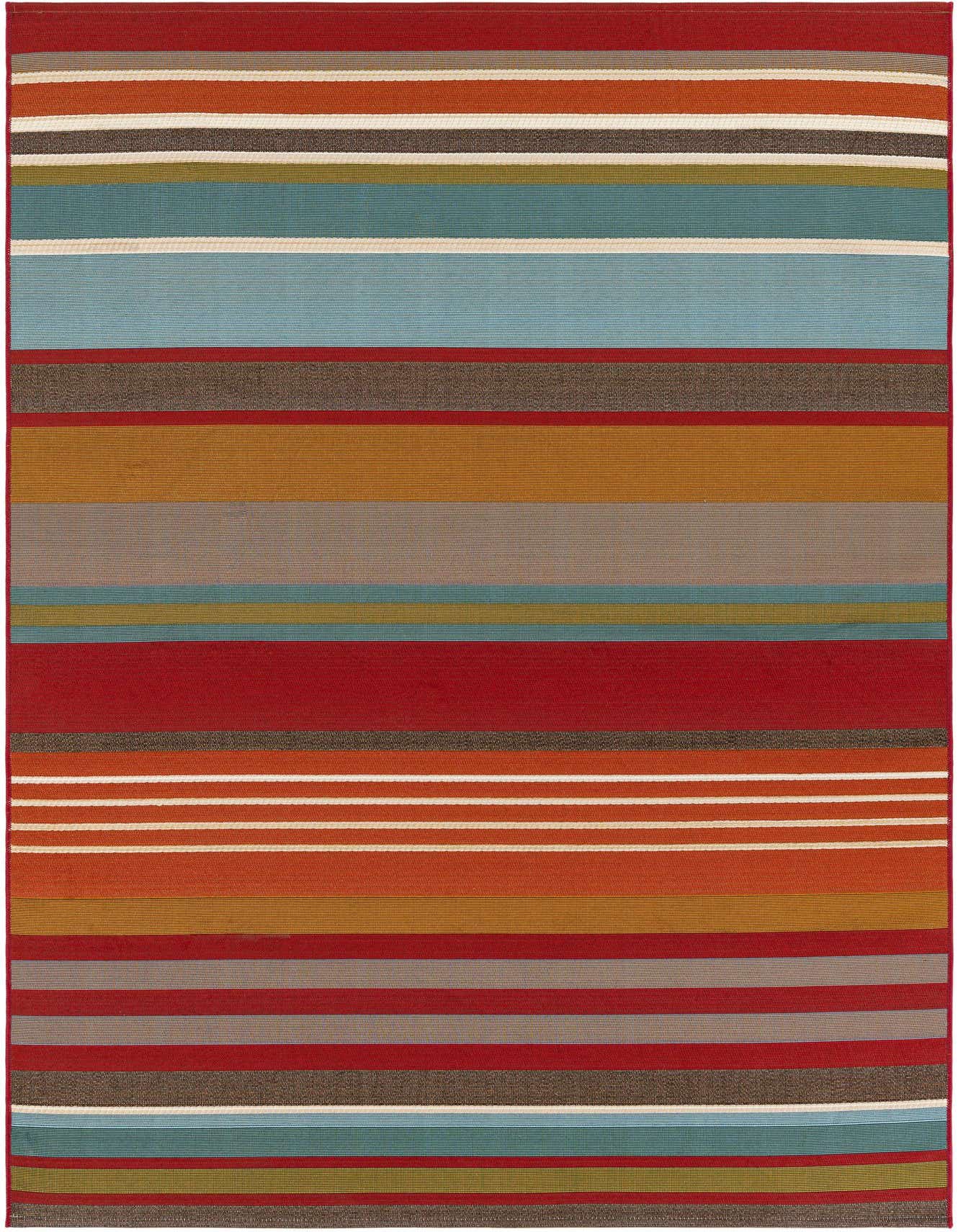 A 5x8 rectangular, multi-colored modern stripe rug, featuring horizontal bands of red, orange, blue, green, and brown, suitable for indoor or outdoor spaces.