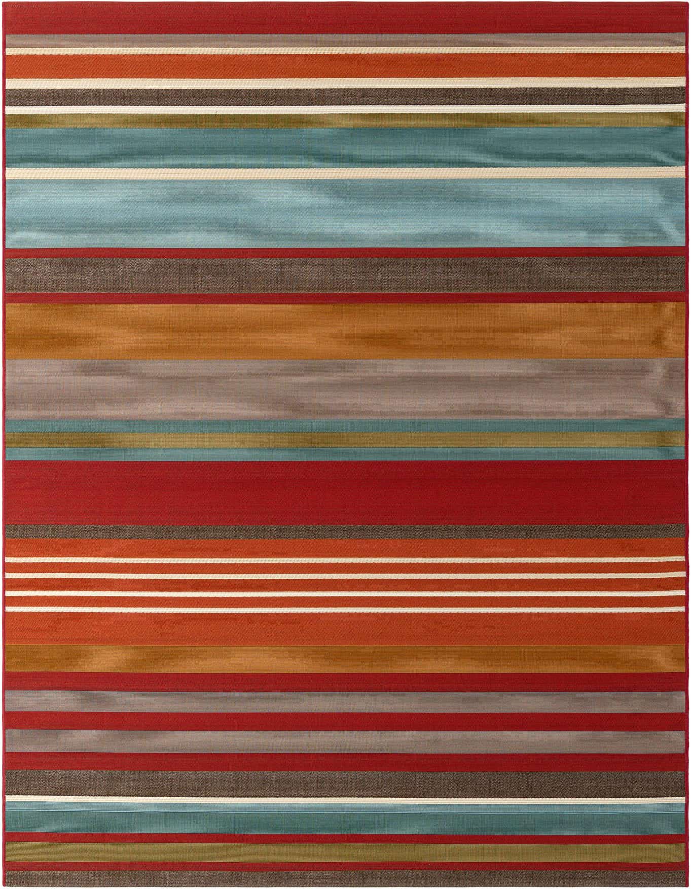 A 6x9 rectangular multi-colored striped flatweave rug, featuring bands of red, orange, blue, brown, and grey, suitable for indoor/outdoor use.