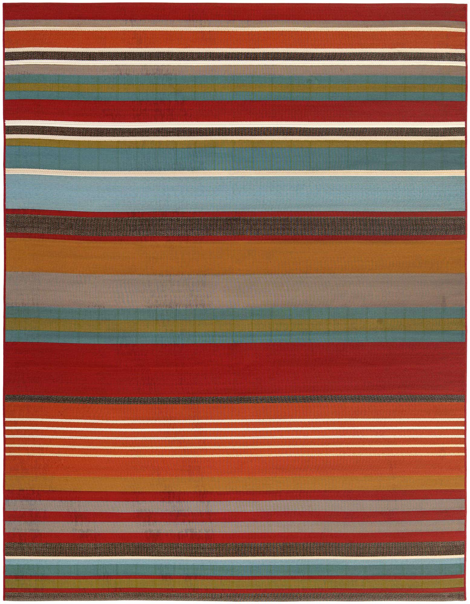 A rectangular 8x10 multi-colored striped rug with bold red, blue, orange, and grey bands, suitable for indoor or outdoor use.